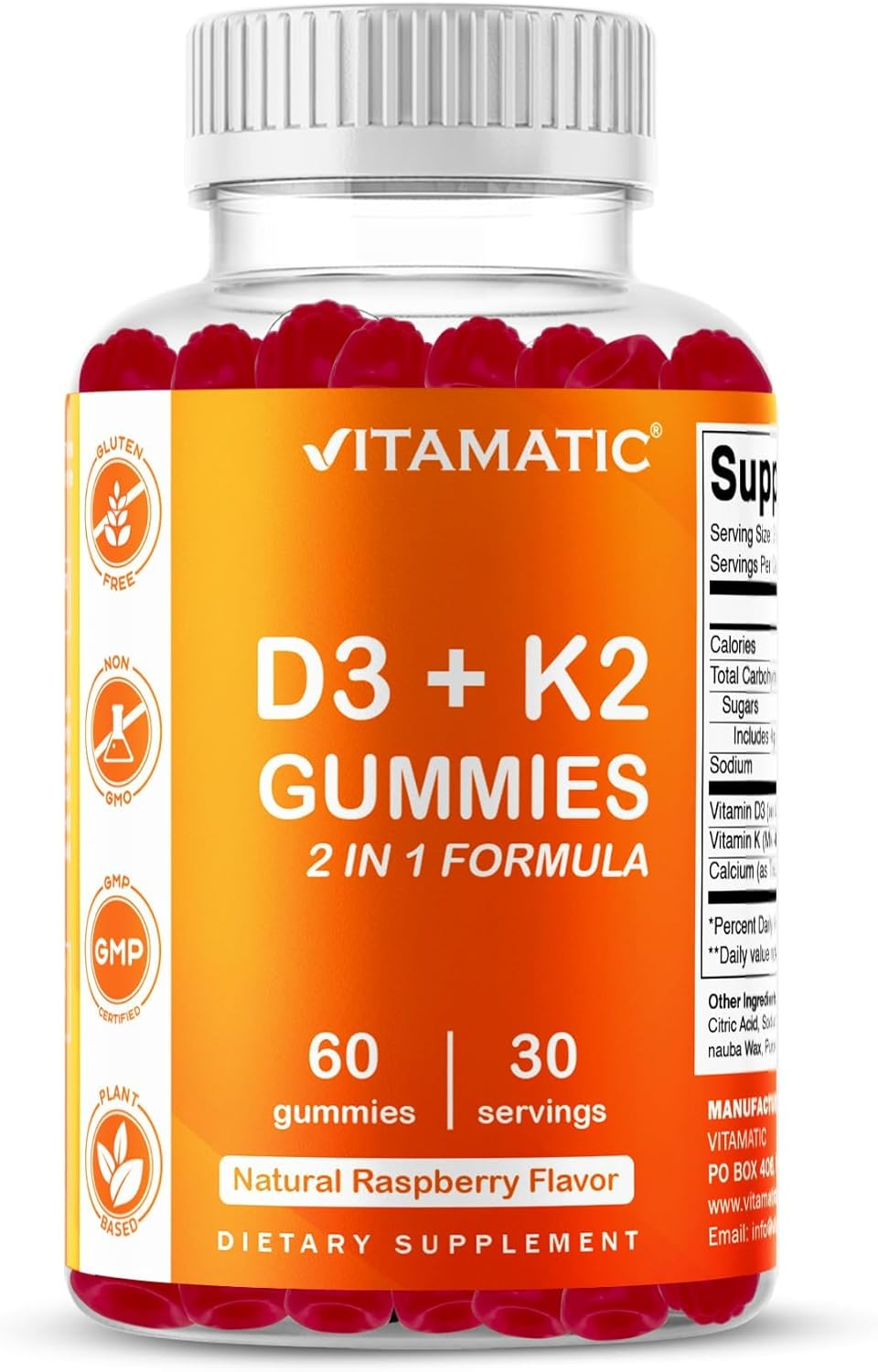 Vitamatic Vitamin D3 K2 Gummies - 60 Count - Supports Healthy Bone, Heart & Calcium Absorption, & Immune Health - Plant Based, Non-Gmo, Gluten Free image number 2