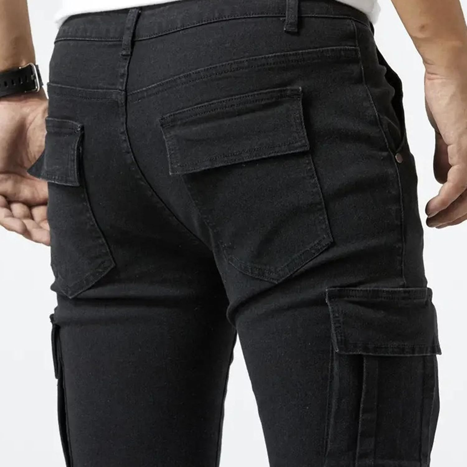 Men'S Skinny Cargo Jeans with Pocket Washed Stretch Slim Fit Denim Pants Comfort Regular-Fit Tapered Jean, Black, XL image number 6