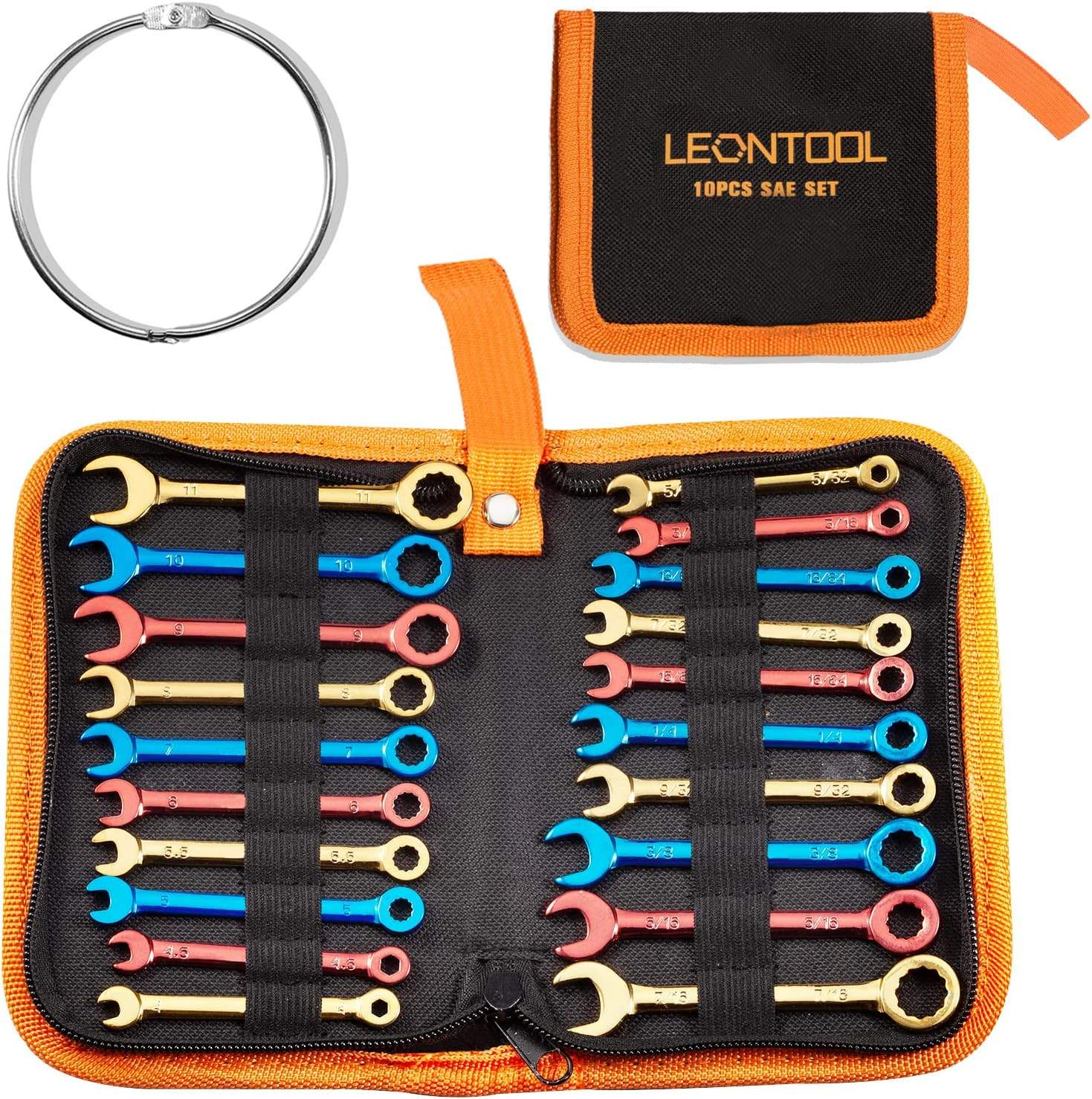 LEONTOOL Small Combination Wrench Sets Metric and Standard 20 PCS 4-11Mm & 5/32" to 7/16" Color Plated Open and Box End Mini Wrenches with Key Ring Ignition Wrench Set with Zipper Bag image number 5