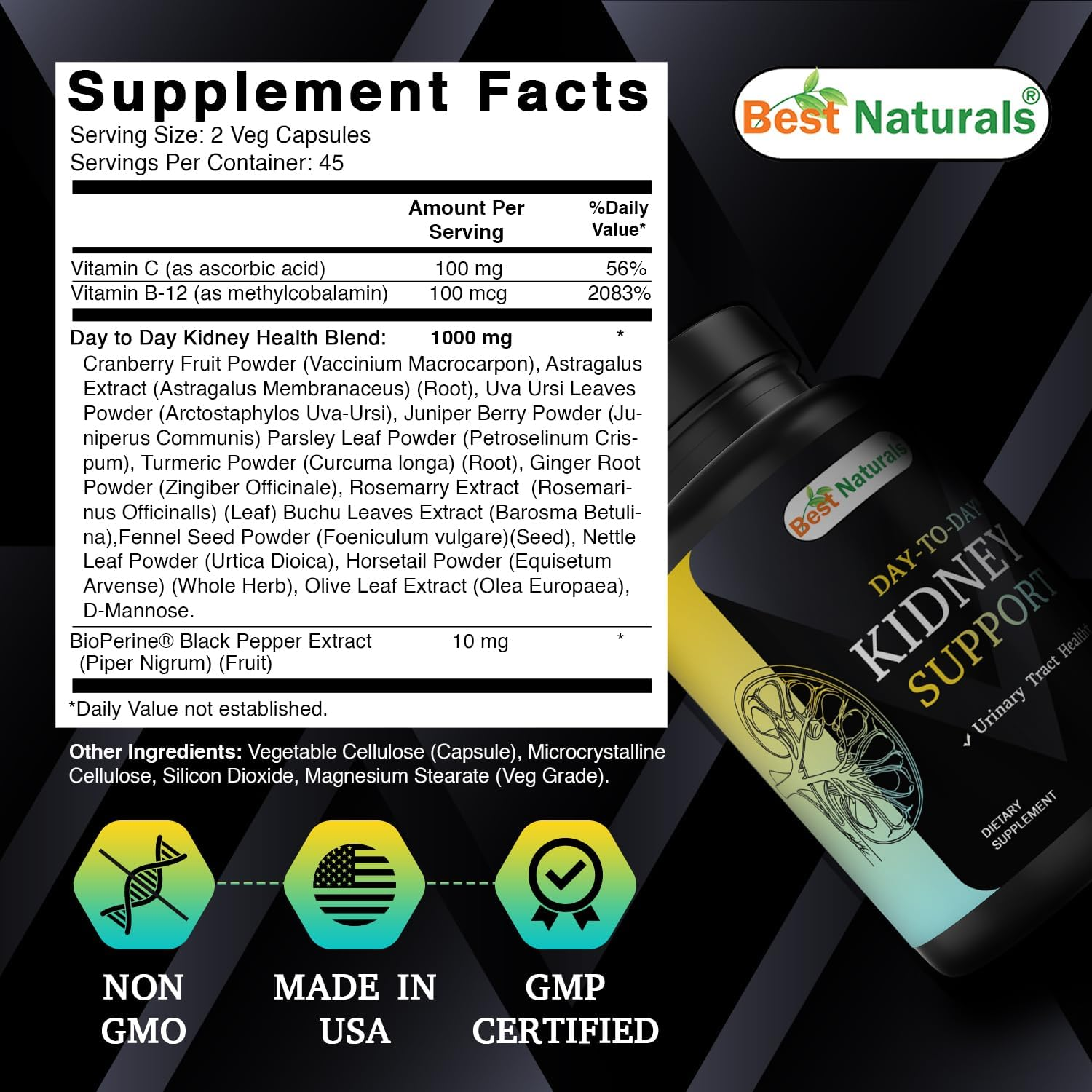 Best Naturals Day-To-Day Kidney Support with Cranberry Fruit, Vitamin C, B12, D-Mannose, Uva Ursi, Juniper Berry, Parsley Leaf 90 Veg Capsules image number 2