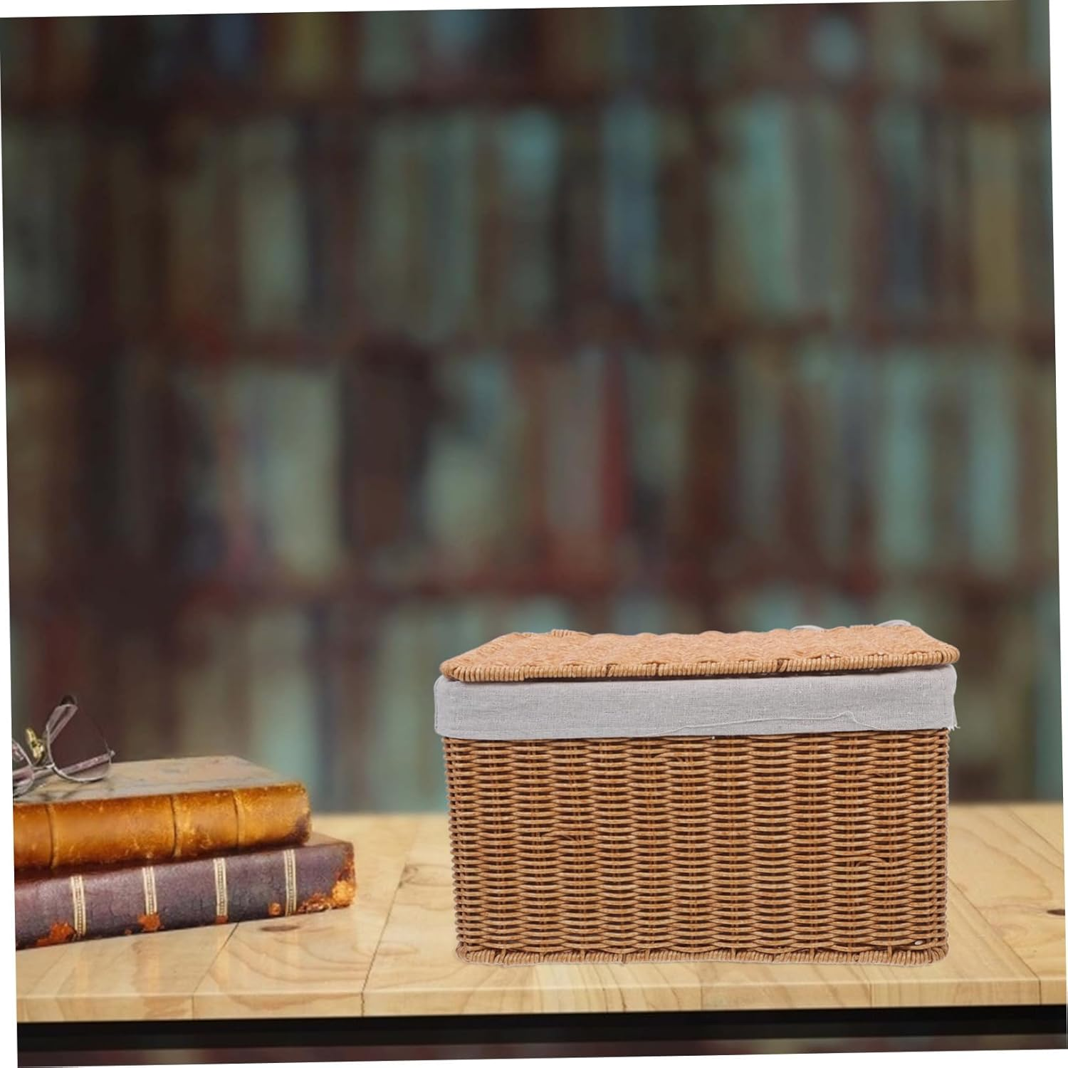 BESTYASH Rectangular Wicker Storage Basket with Lid and Dual Handles Handwoven Rattan Organizer Bin for Laundry Closet and Home Storage Portable Decorative Shelf Container for Clothes And image number 6