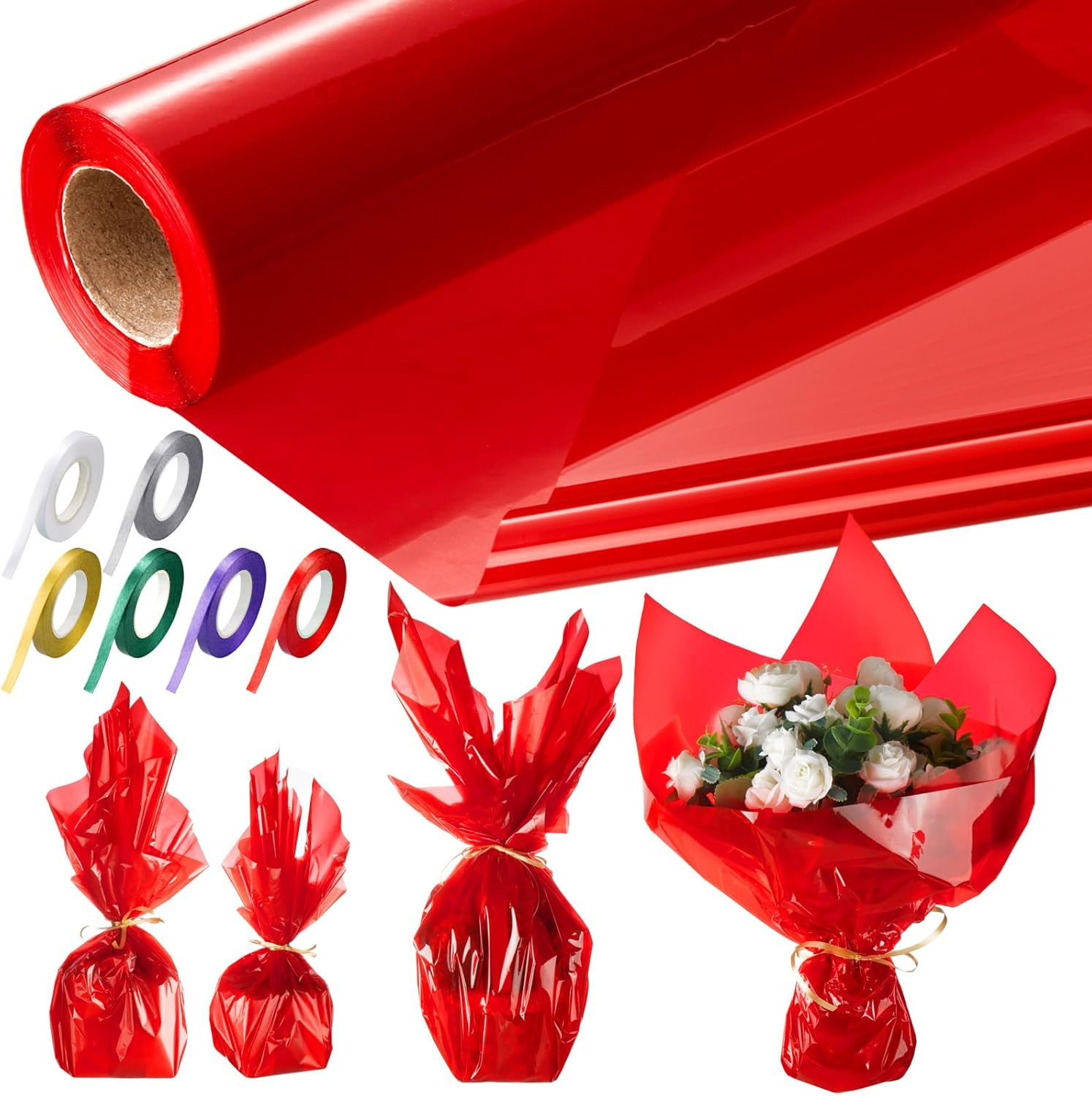 Tigeen Clear Cellophane Wrap Roll with 6 Rolls Ribbons, 16'' X 100 Ft 2.3 Mil Translucent Thick Cellophane Paper for Candy Baskets Packaging for Birthday Party Gifts(Red) image number 2