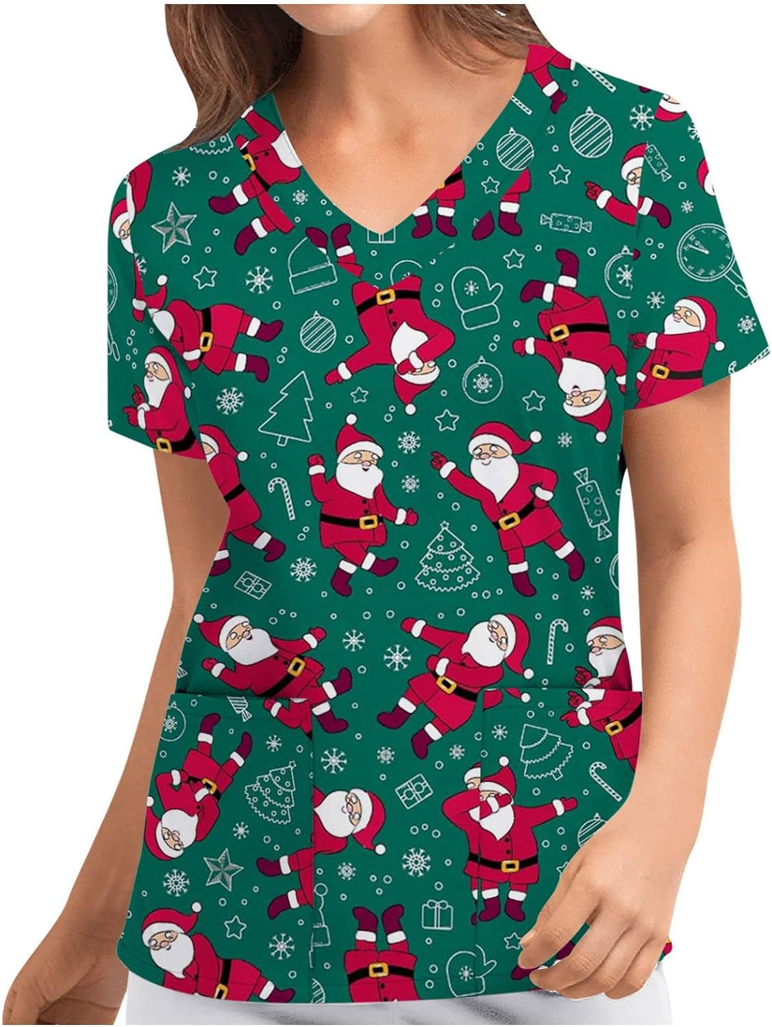 Women'S Christmas V-Neck Short Sleeve Nursing Uniform Xmas Santa Gifts Printed Workwear Holiday Graphic Tees Blouse Scrubs Tops with Pockets