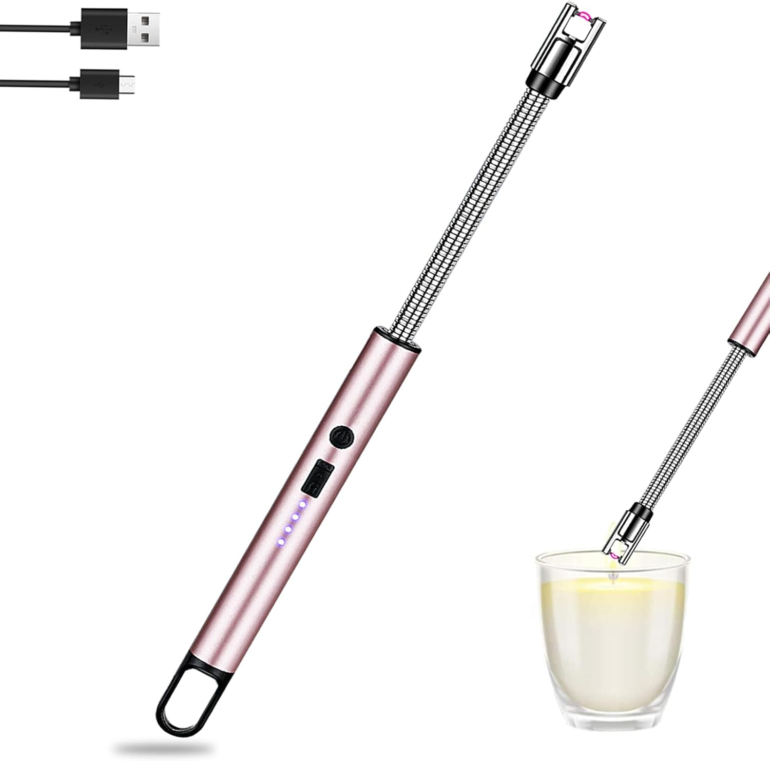 Electric Candle Lighter: USB Rechargeable Windproof Flameless with 360&deg; Flexible Neck & LED Power Display Long Lighter for Women Men as Birthday Gifts, Rose Gold
