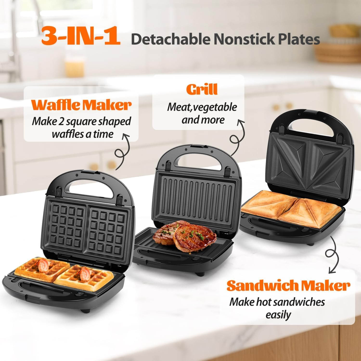 3-In-1 Sandwich Maker with Removable Plates, Non-Stick Waffle Iron & Panini Press for Grilling, Compact Electric Grill with Cool-Touch Handle, LED Lights & Easy Clean image number 6