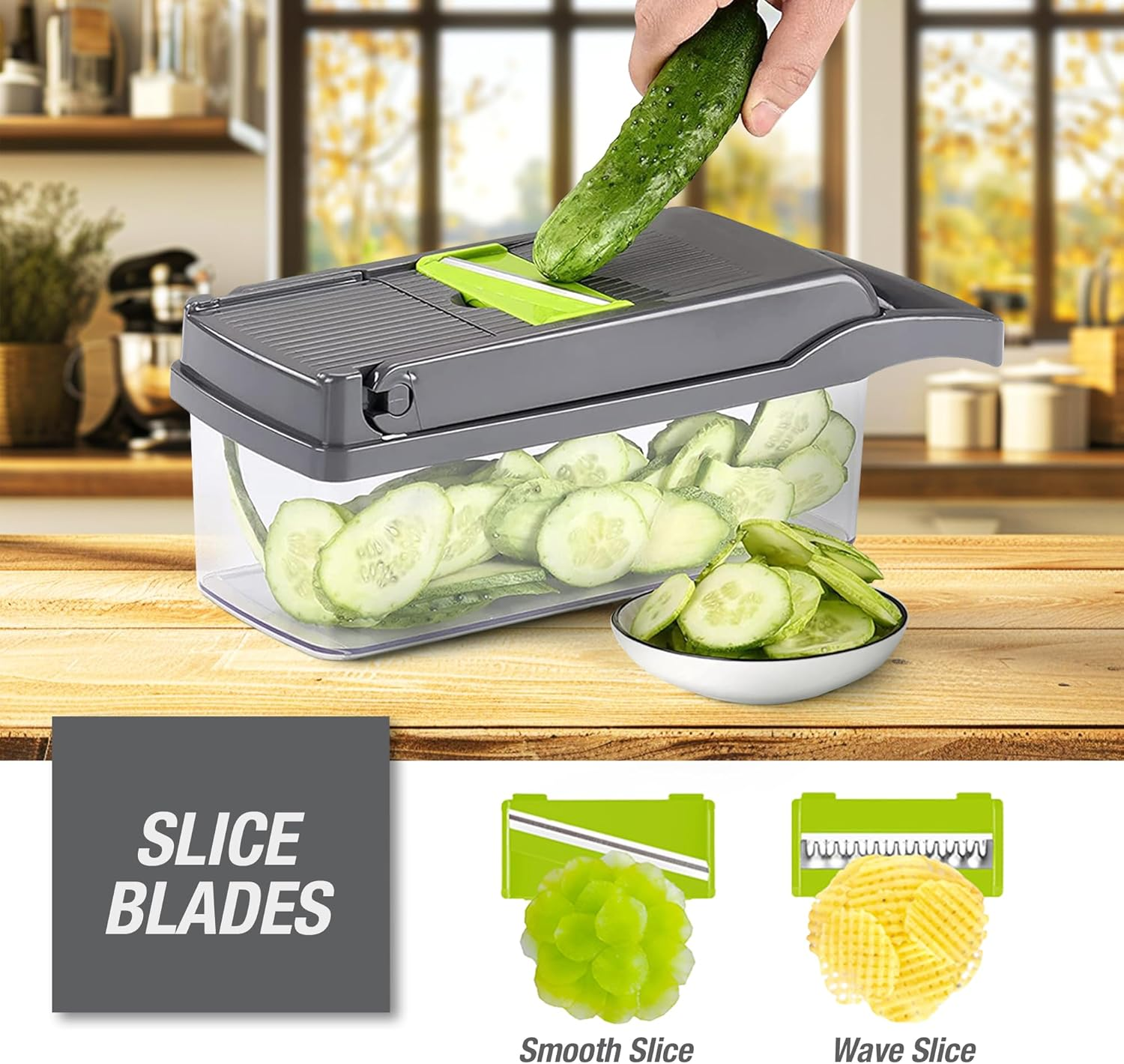 MS. KUKI Vegetable Chopper 12 in 1 Multifunctional Veggie Mandoline Slicer Cutter Food Dicer with Container Hand Guard Draining Basket Stainless Steel Blades for Onion Potato Carrot - White (Grey) - White image number 6