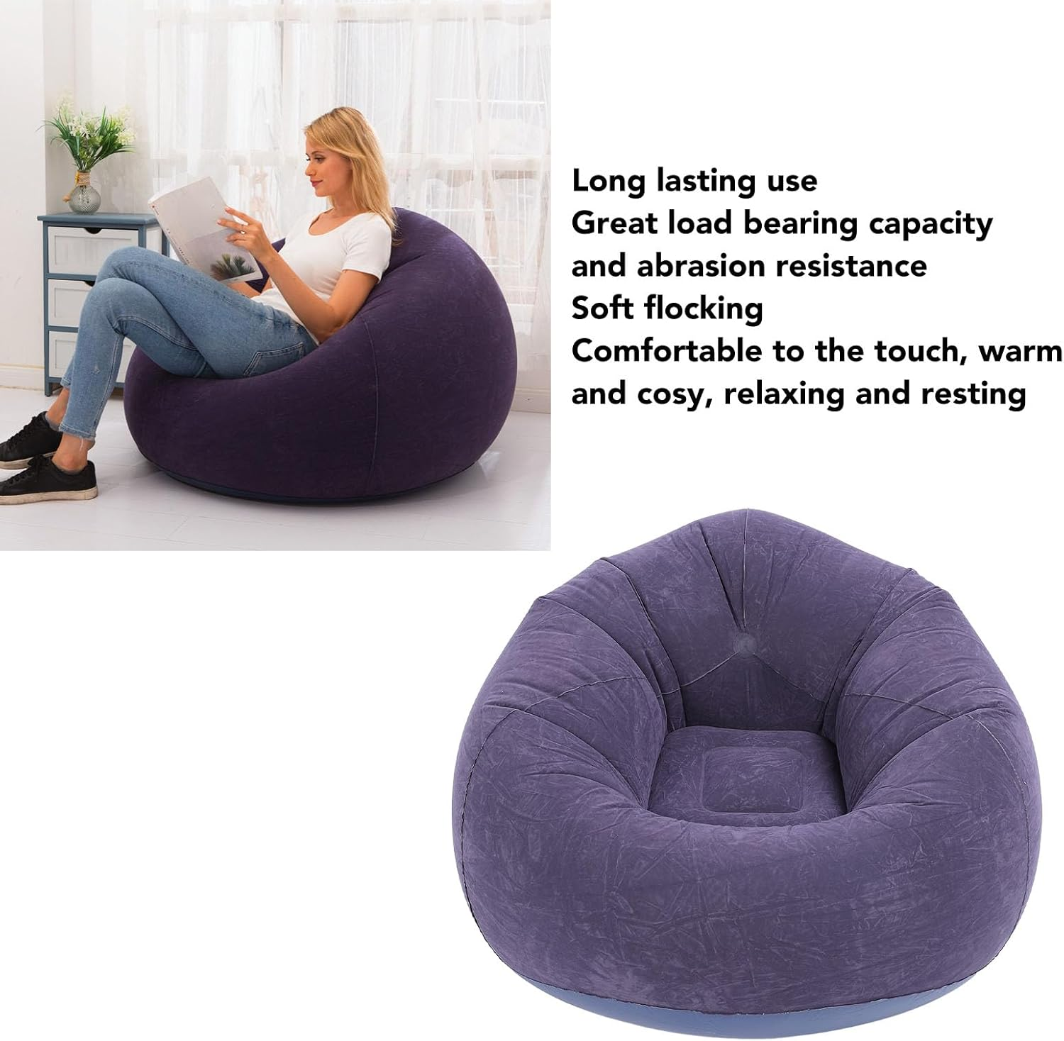 Gernie Inflatable Lounger Air Sofa, Flocking PVC Inflatable Couch, Portable Folding Blow up Sofa, Lazy Couch for Living Room, Bedroom, Balcony, Office, Camping, Travel image number 3