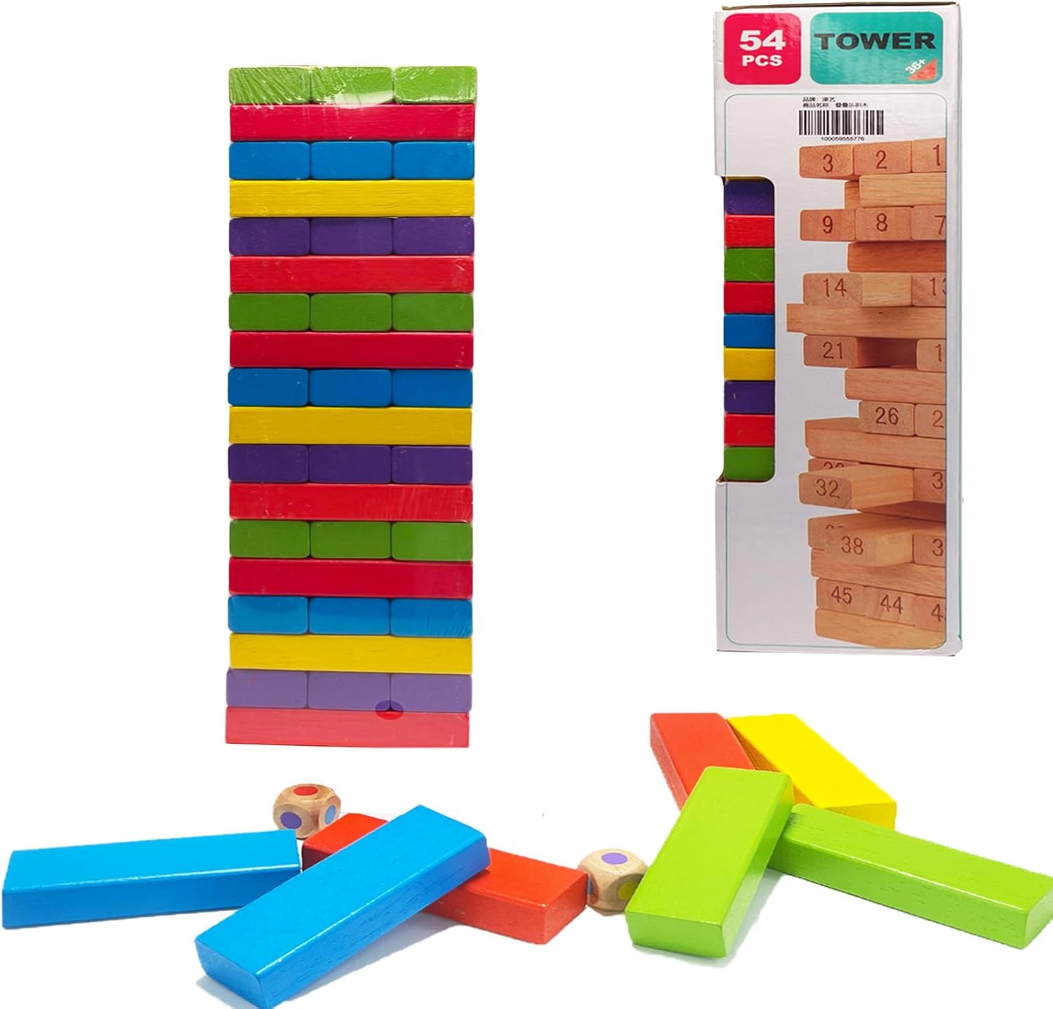 Cawtiuly 54Pcs Wooden Blocks Stacking Tumbling Tower Game, Colorful Tower Building Blocks for Kids Adults Family, Classic Block Stacking Board Games for Indoor Outdoor Party Night Toy Games (Colorful)