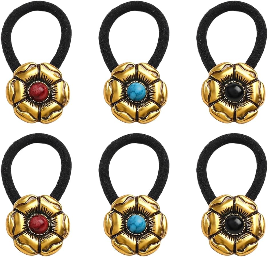 CABODYALS Pack of 6 3 Colours Western Style Metal Ponytail Holder Vintage Boho Turquoise Decorative Hair Bobbles Bracelet Cowgirl Elastic Hair Bands Rope for Women Party Outfit Dress Accessories image number 6