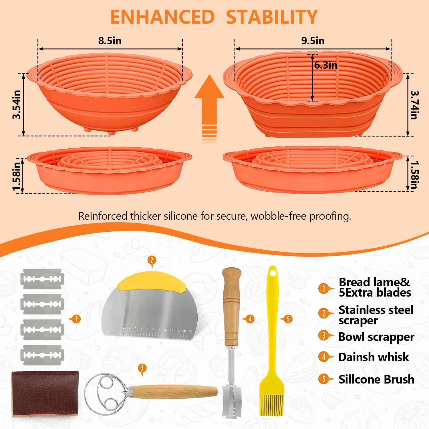 Complete Sourdough Bread Baking Supplies, Sourdough Starter Kit, 35Oz Sourdough Starter Jar, 2 Bread Proofing Baskets, Thermometer, Feeding Time Tracker, Metal Scraper, Easy to Clean image number 2