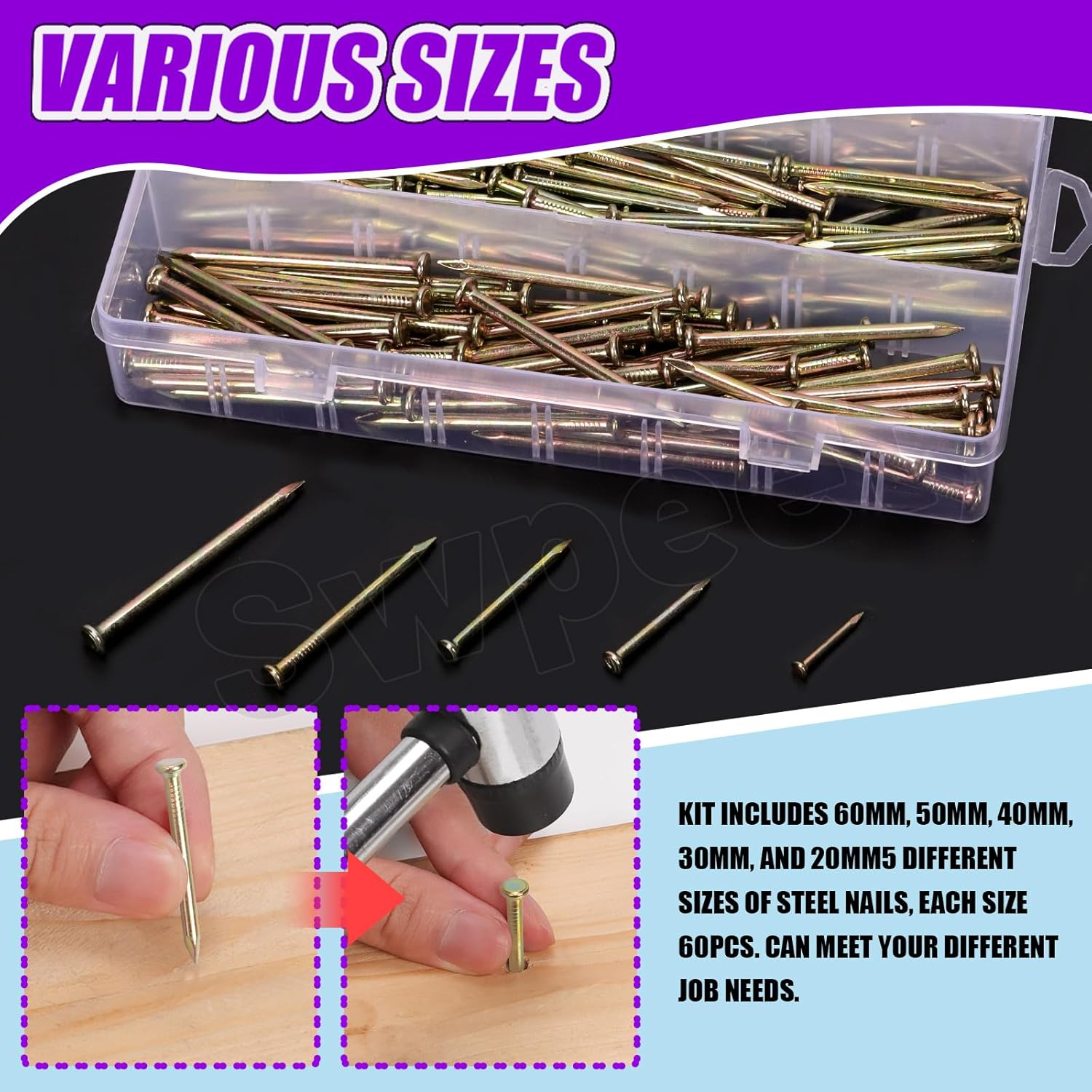 Swpeet 300Pcs 5 Sizes 3/4" 1-1/4" 1-3/5" 2" 2-3/8" Colored Zinc Hardware Nails Assortment Kit，Steel Nail, Galvanized Nails, Small Nails, Finishing Nails, Wall Nails, Wood Nails, Nails for Concrete image number 1