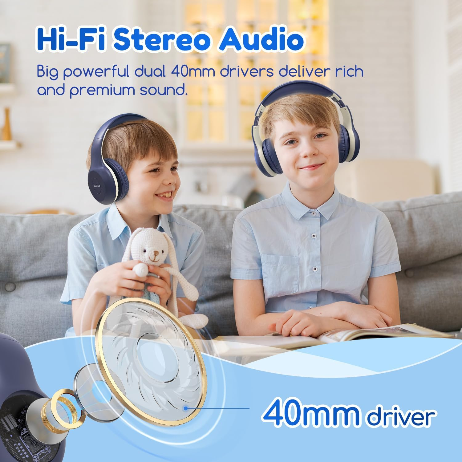 Earfun Kids Bluetooth Headphones, K2 Kids Headphones with Volume Limited, 40H Playtime, Bluetooth Headphones with Mic, Stereo Sound, Foldable Over-Ear Headphones for Kids/School/Travel/Ipad/Tablet - Pink image number 2