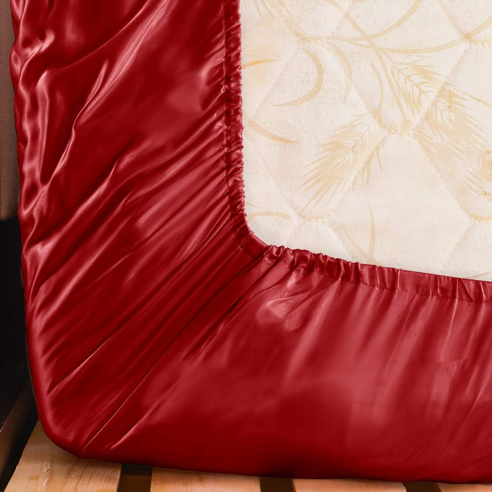 THXSILK Fitted Sheet, Silk Flat Sheet, 160 X 200 Cm, Red Silk Flat Sheet, 100% Pure 19 Momme Mulberry Silk Bed Linen, Fitted Sheet for Standard Mattress, 30 Cm image number 3