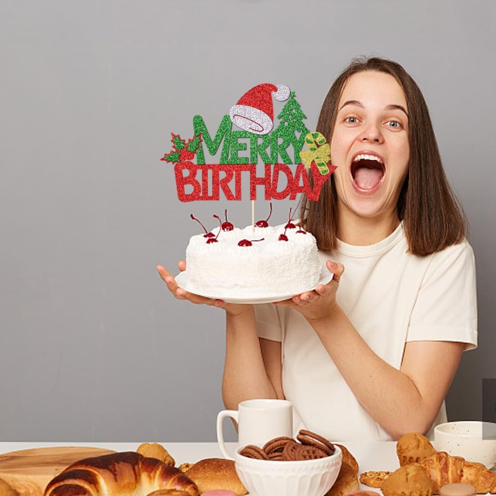 Merry Birthday Cake Topper,New Year Christmas Holiday Party Supplies,Red & Green Glitter Christmas Cake Decorations，Winter Holiday Cake Picks-Christmas Birthday Party Supplies(Birthday 2) - Birthday 2 image number 6