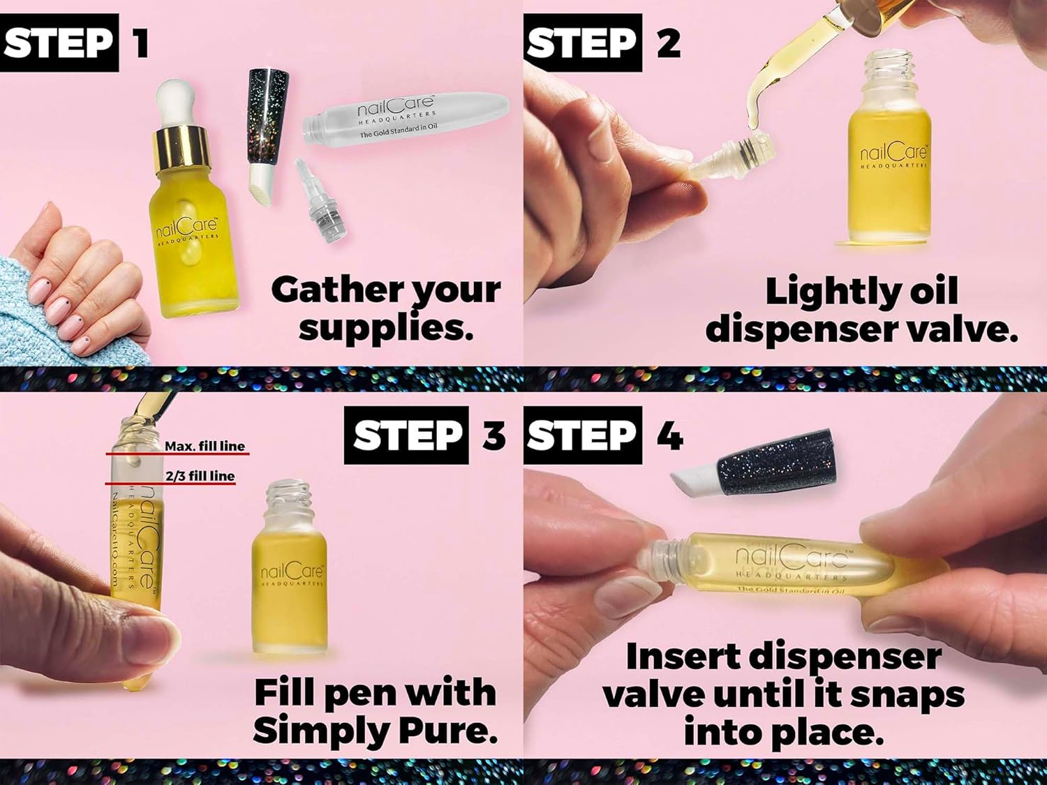 Nail Care Headquarters Refillable Holographic Cuticle Oil Pen for Nails - Empty Holo Squeeze Nail Oil Pen with Brush from by Bliss Kiss 3-Pack