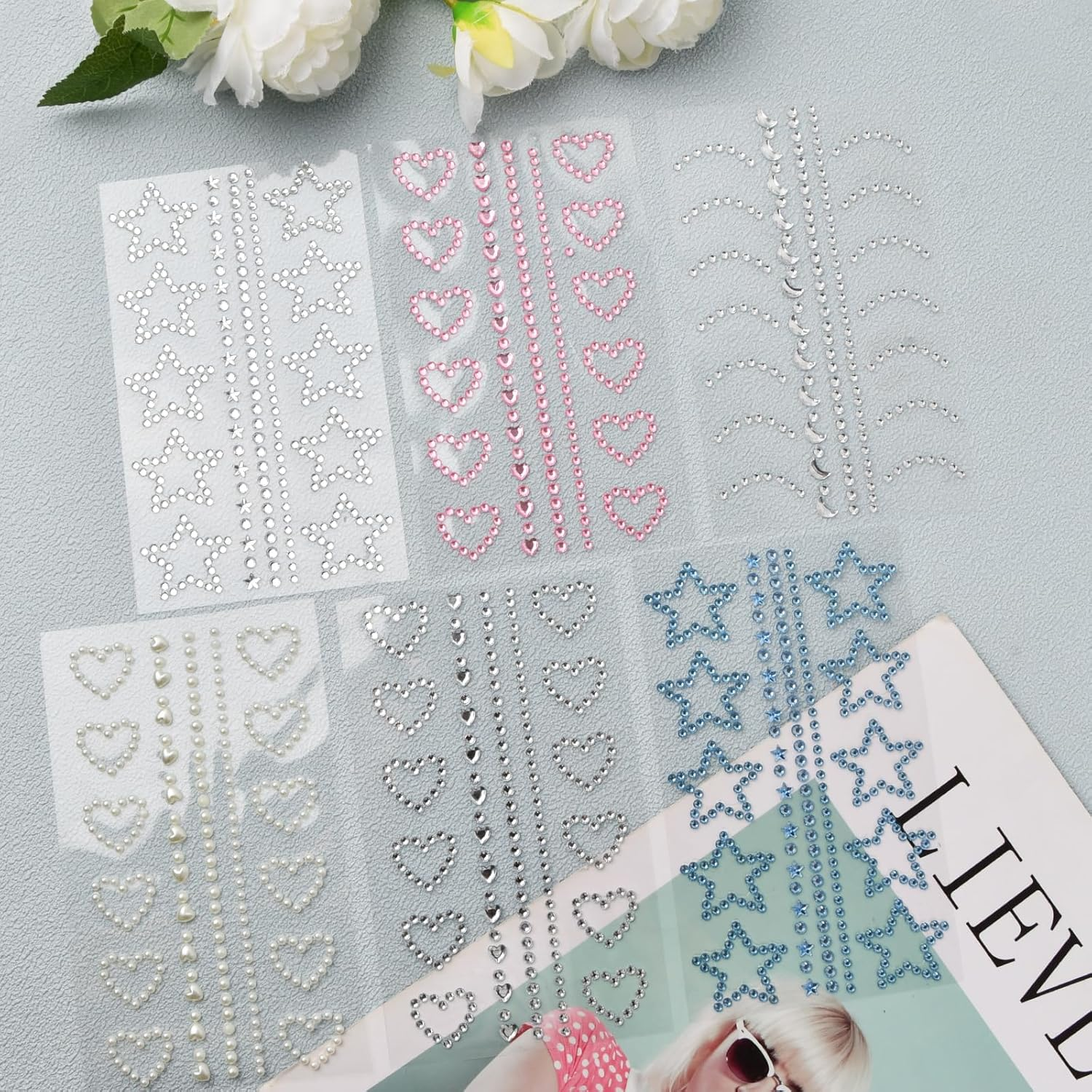 6 Sheets Rhinestone Stickers Face Jewels Gem Stickers, Makeup Rhinestones Stick On, Self Adhesive Jewel Stickers, Self Adhesive Face Gems for Makeup Heart Star Moon Faces Rhinestone Stickers for Women image number 6