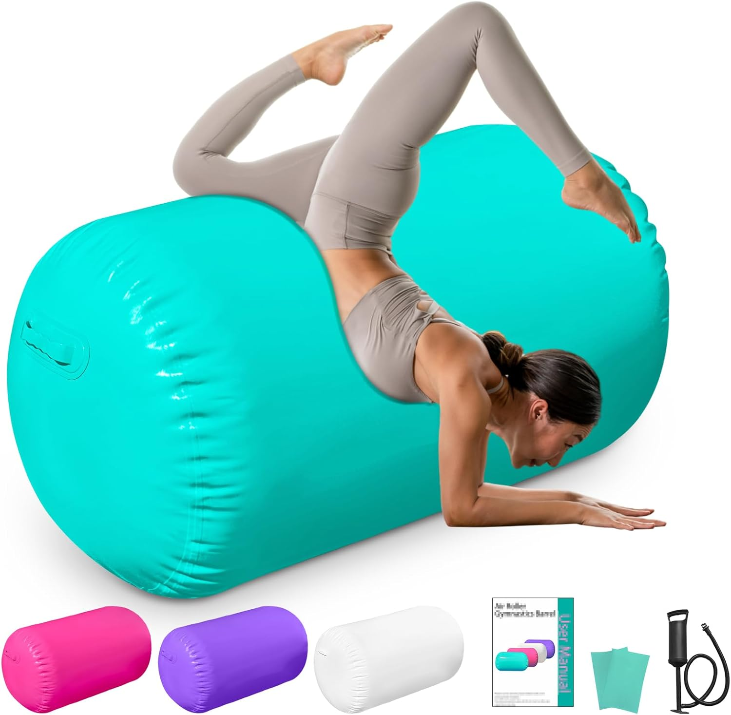 Air Roller Gymnastics Barrel Backhandspring Training Air Barrel Gymnastics Roller for Tumbling Cheerleading Training Yoga Gym with Manual Air Pump