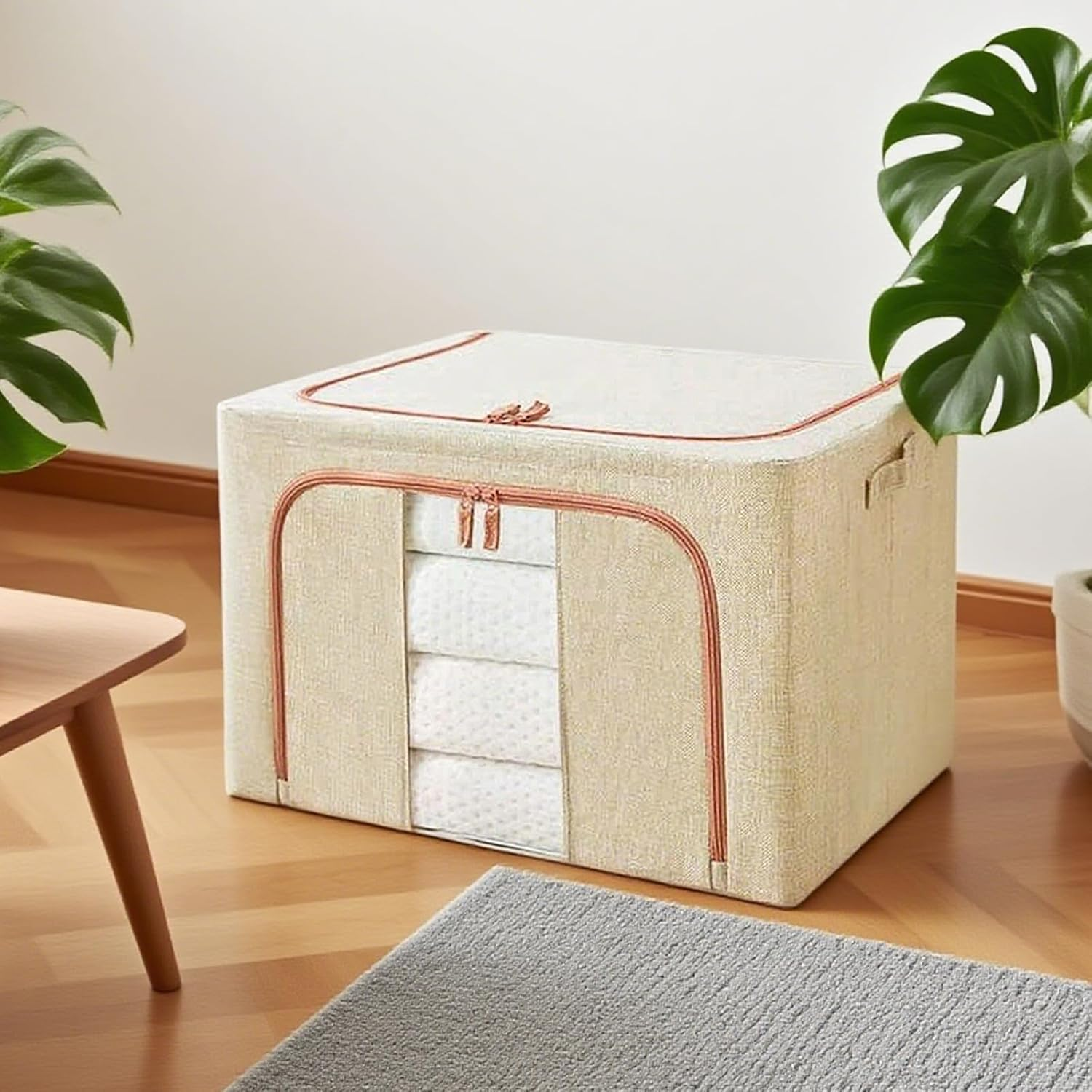 2 Pack Clothes Storage Box with Zipper, 66L Foldable Linen Container with Handles Large Capacity Storage Organizer (Beige 66L) image number 6