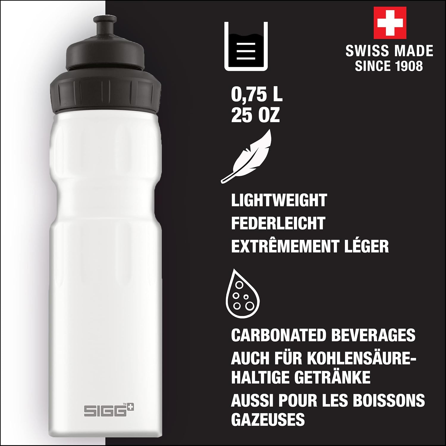 SIGG - WMB Sports Water Bottle - Made in Switzerland - with 3-Stage Sport Cap - Lightweight Metal - Gym, Biking - 25 Oz - White image number 5
