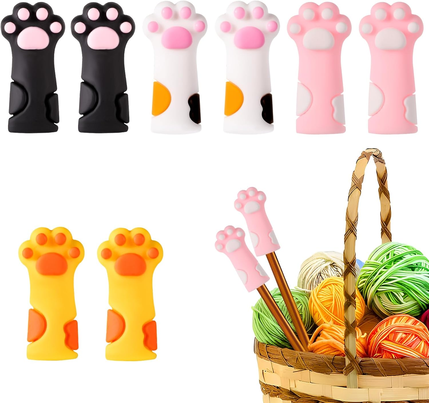 8Pcs Cat Paw Knitting Needle Stoppers, Silicone Cute Knitting Needle Point Protectors Caps Stitch Needle Tip Covers Knitting Accessories for 11-17 (0.31-0.5 Inch) Needles (Color Combination 1)