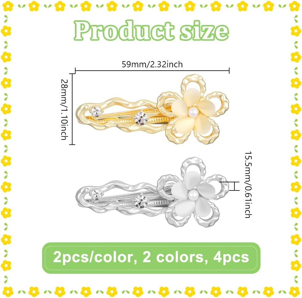 HOBBIESAY Pack of 4 Flower Click Hair Pins, Alloy Rhine, Stone Blumenclip, Gold and Silver, Cute Hair Clips, Beautiful Hair Accessories for Women, Party, Festival, Decoration, 2 Colours, 1.1 X 2.3