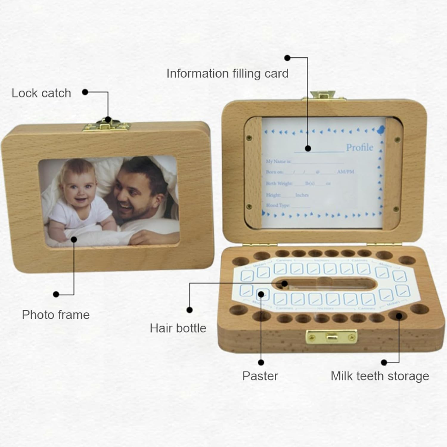 Daseeme Baby Tooth Box Wooden Dental House Children Baby Teeth Drop Box Hoto Frame Teeth Hair Storage Container Holder Saver Memorial Box with Various Accessories image number 5
