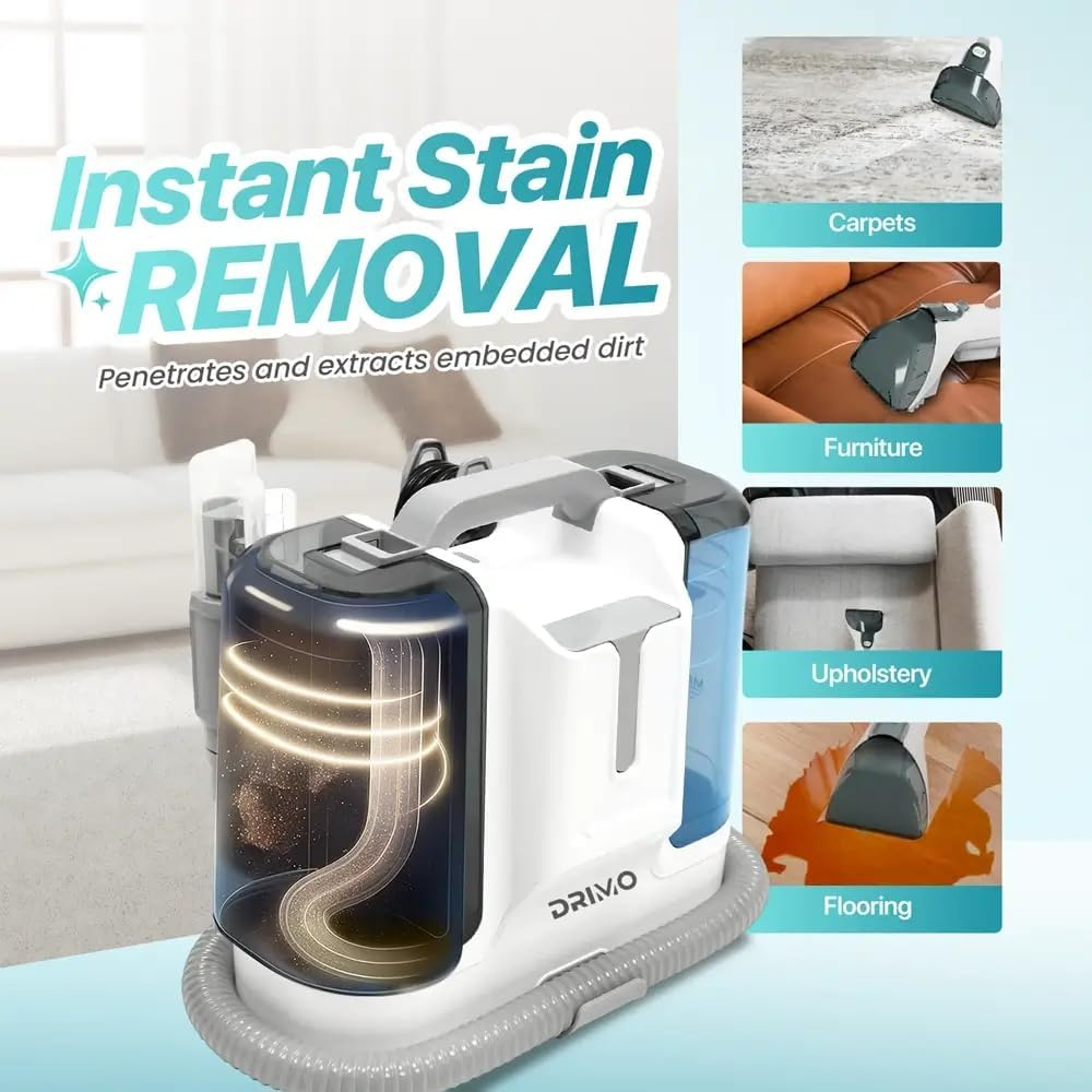 A-Wash Drimo Pro 6-In-1 Spot Cleaner 450W Portable Carpet & Upholstery Cleaner W/Spray & Extract Technology for Pets, Pet Brush, 6 Heads, Self-Cleaning, Lightweight for Home Car Furniture image number 3