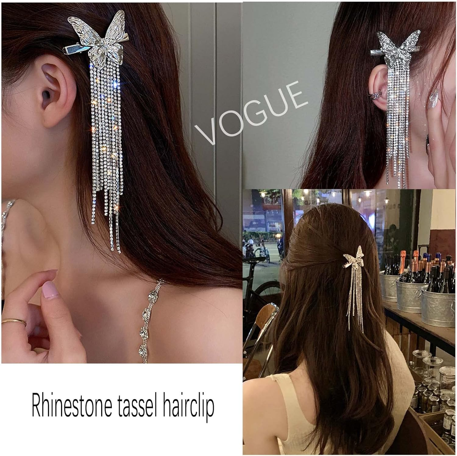 Tseenyi Butterfly Rhinestone Tassel Hair Clip Silver Butterfly Barrette Crystal Long Tassel Hair Pin Clip Sparkling CZ Wedding Barrettes Bridal Decorating Hair Accessories for Women and Girls