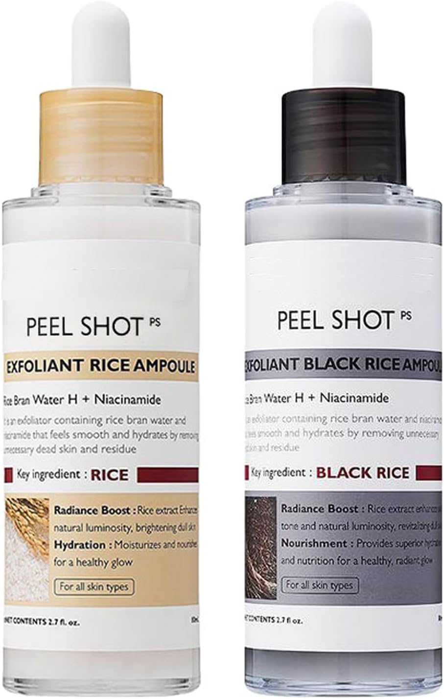 Peel Shot Black and White Rice Set + Calcium Multi Balm Stick for Eyes,Glow Rice Ampoule Duo for Glowing Skin,Gentle Soft Exfoliator with Brightening & Deep Hydration for All Skin Type