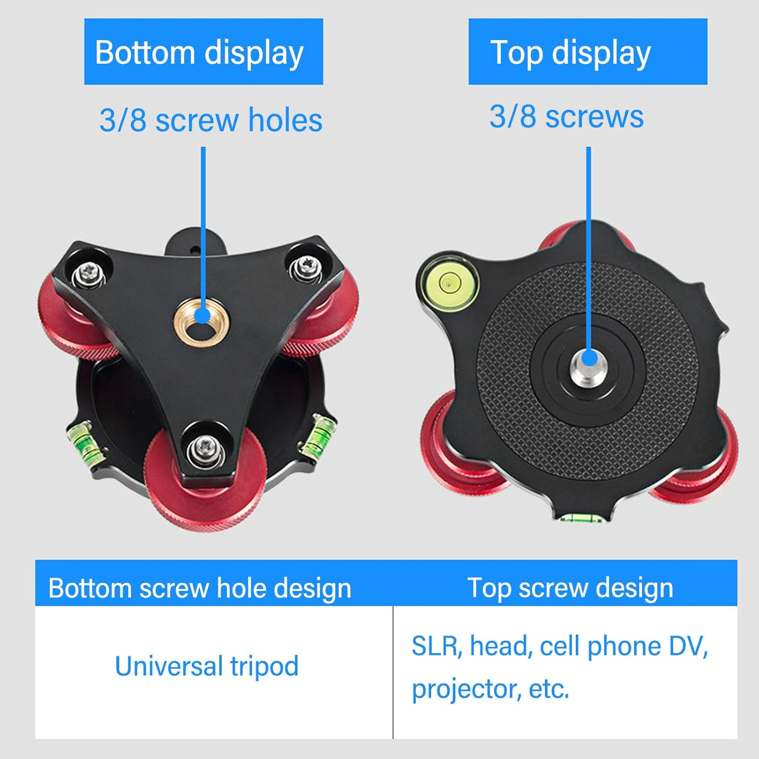 Tripod Head Leveling Base, Aluminum Alloy Triple Wheel Leveler Base with 3/8 Inch Thread, Camera Leveler Base with 3 Bubble Levels for Macro Panoramic Photography image number 5
