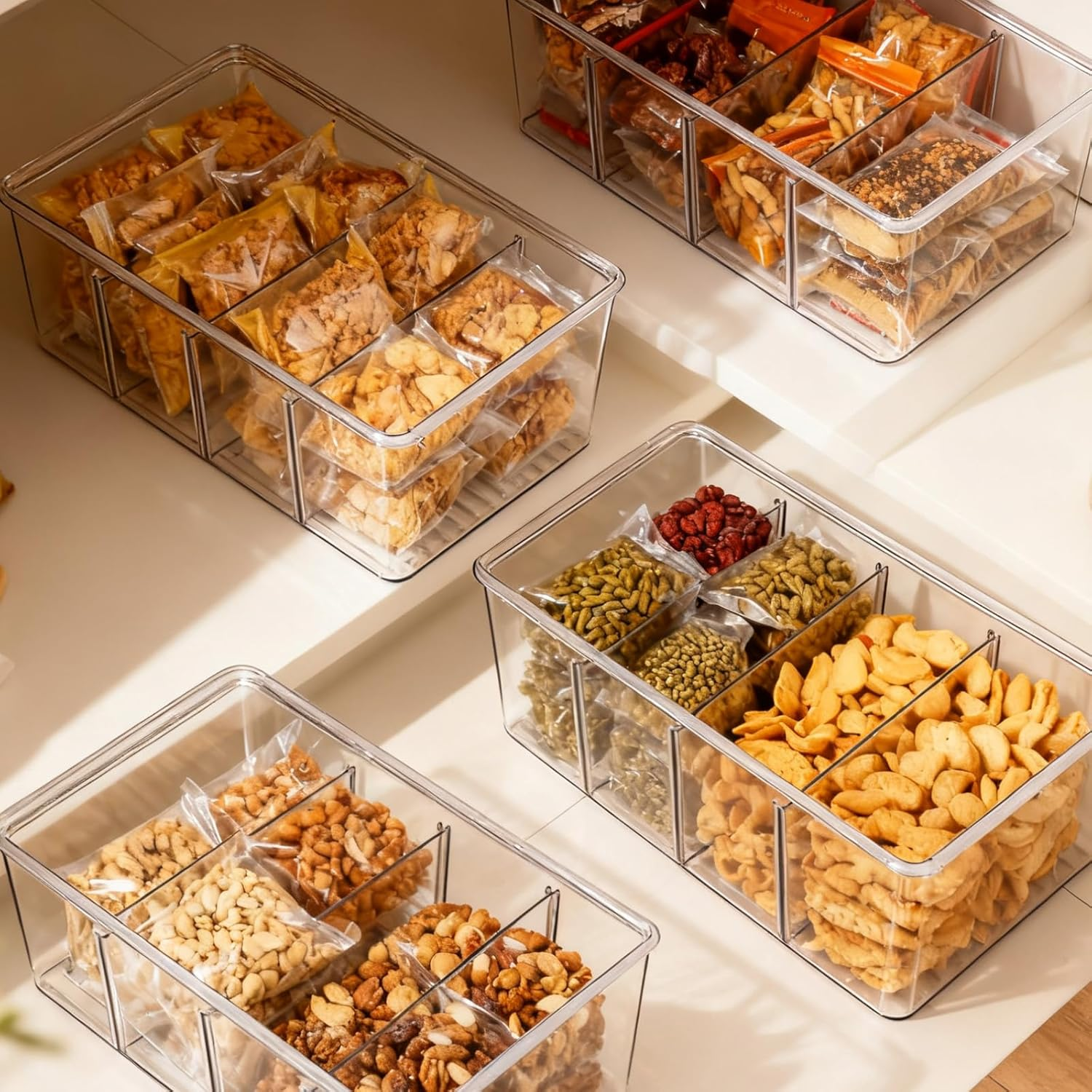 4 Pack Pantry Organizers and Storage Bins, Clear Plastic Medicine Cabinet Organizer, 4 Compartment Holder Packets for Pantry, Kitchen, Fridge, Snacks image number 1