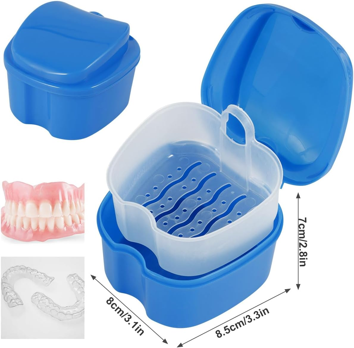 Abizarch Denture Case Denture Bath Box False Teeth Storage Box with Rinsing Basket Portable False Teeth Storage Case Orthodontic Dental Retainer Box for False Teeth Storage Soaking Cleaning(Navy Blue)
