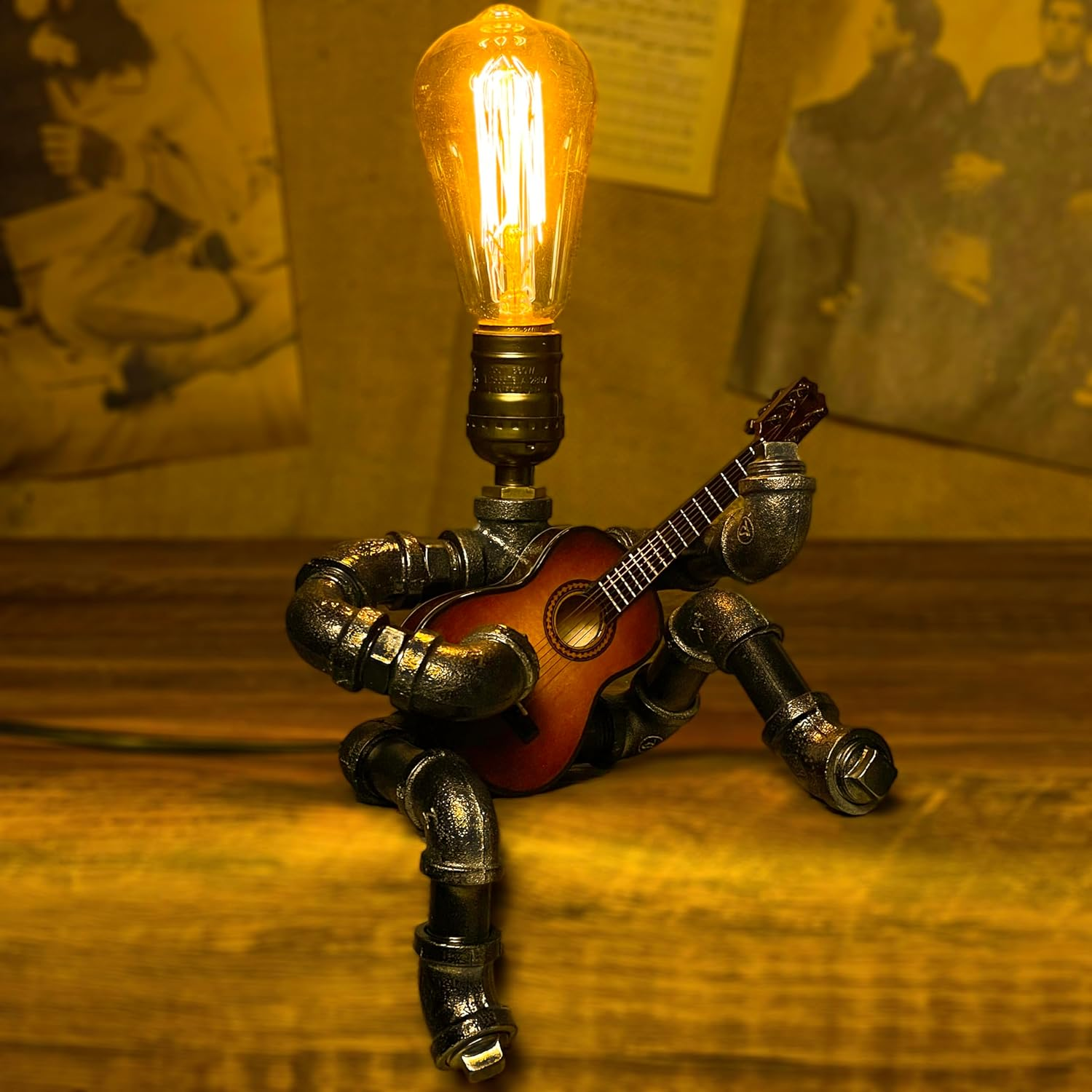 Fhomhair&Greine Music Guitar Table Lamp Art Decor, Cool Guitar Stuff Gifts for Men Music Lovers Guitar Players, Steampunk Pipe Man Edison Bulb Lamps, Retro Guitars Metal Pipe Industrial Robot Lights image number 1