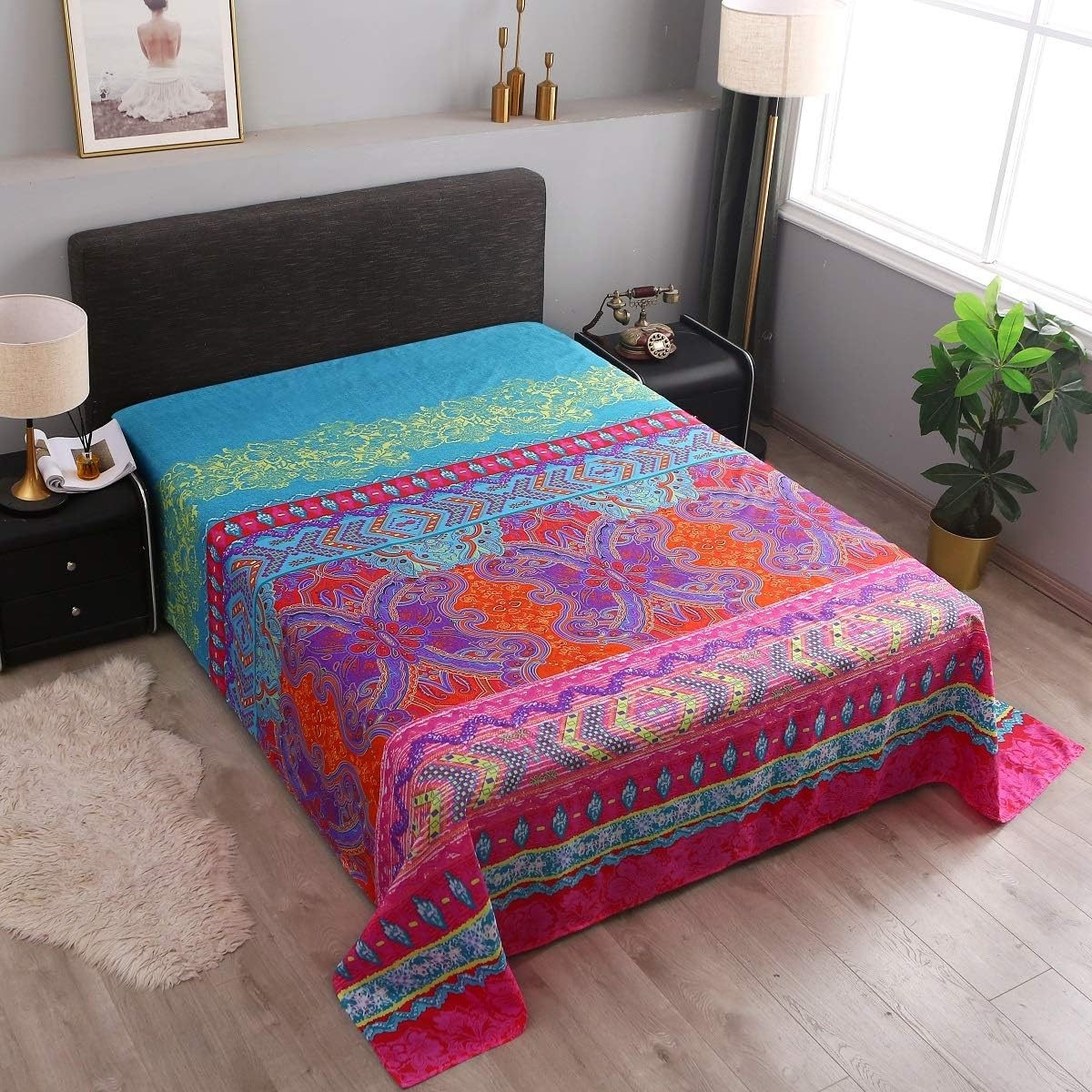 Pangzi Bohemian Retro Bedding Sheet Set,Boho Sheets-Colorful 1 Fitted Sheet, 1 Flat, 2 Pillow Cases - 4 Piece (Queen, Red) image number 6