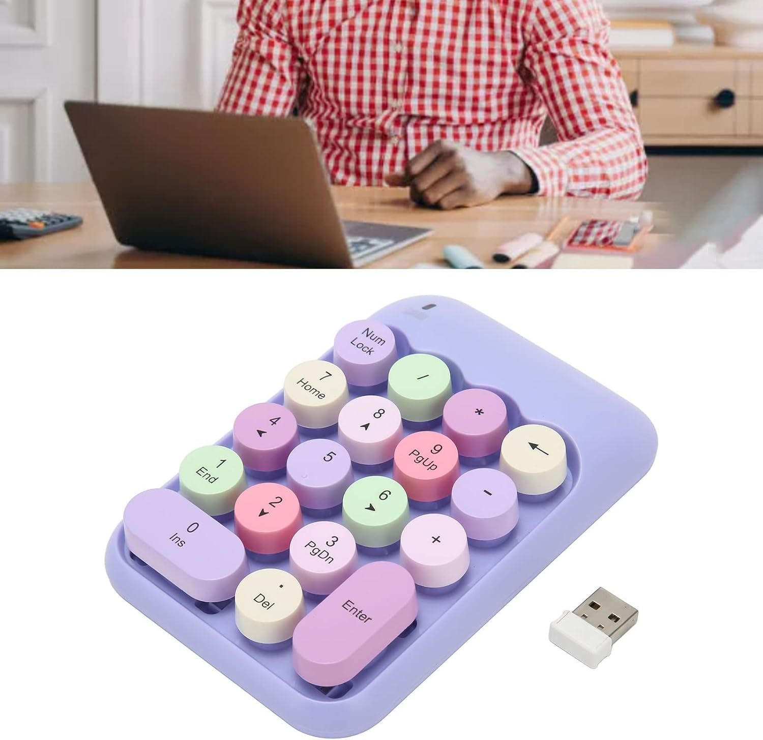 Wireless Number Pad, 2.4Ghz Wireless Numeric Keypad 18 Keys Colorful Retro Portable Number Pad with USB Receiver, Financial Accounting Keyboard Extensions for Laptop (Purple Theme) image number 3
