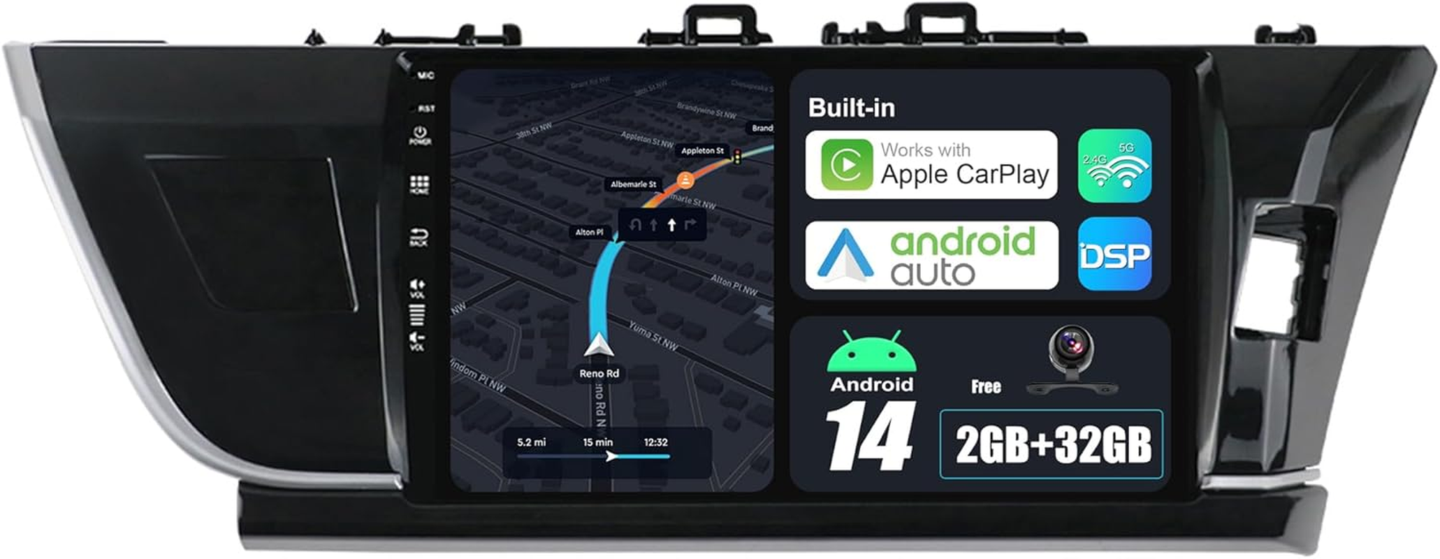 Android 14 IPS Car Stereo for Toyota Corolla (2014-2016) - 2G+32G - Wireless Carplay/Android Auto - Rear Camera Free - 10.1 Inch 2 Din - DAB Steering Wheel Fast-Boot DSP Bluetooth Wifi