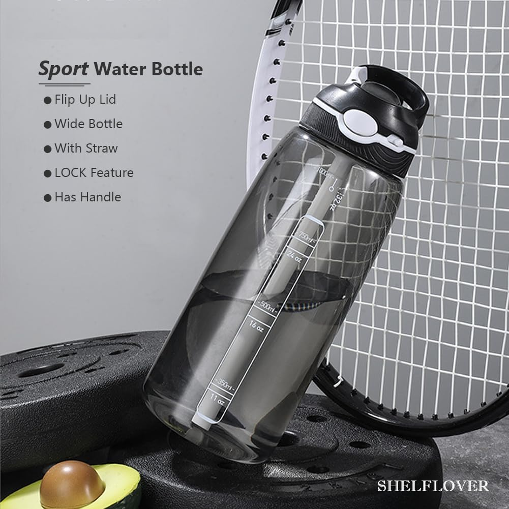 1000Ml Black Water Bottle with Straw, BPA FREE Clear Bottle with Handle One Hand Use Easy Carried, Flip Up, Suit School, Office, Gym, Office for Women Men image number 6