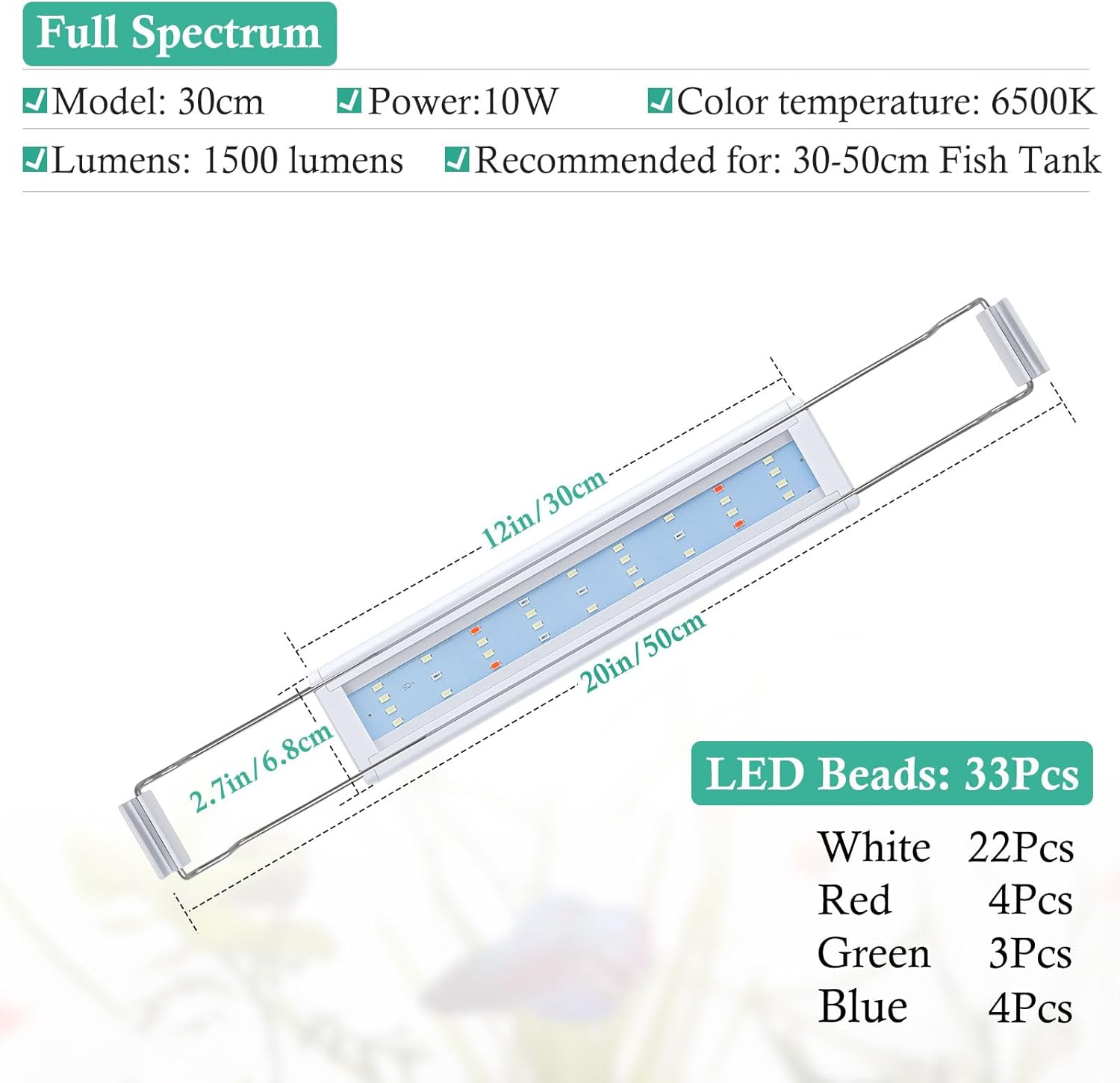 LED Aquarium Light with Timer, Full Spectrum LED Aquarium Plant Light, Classic LED Fish Tank Light with RGB Leds, with Stable Extendable Brackets (30-50Cm) - 60-80Cm image number 3