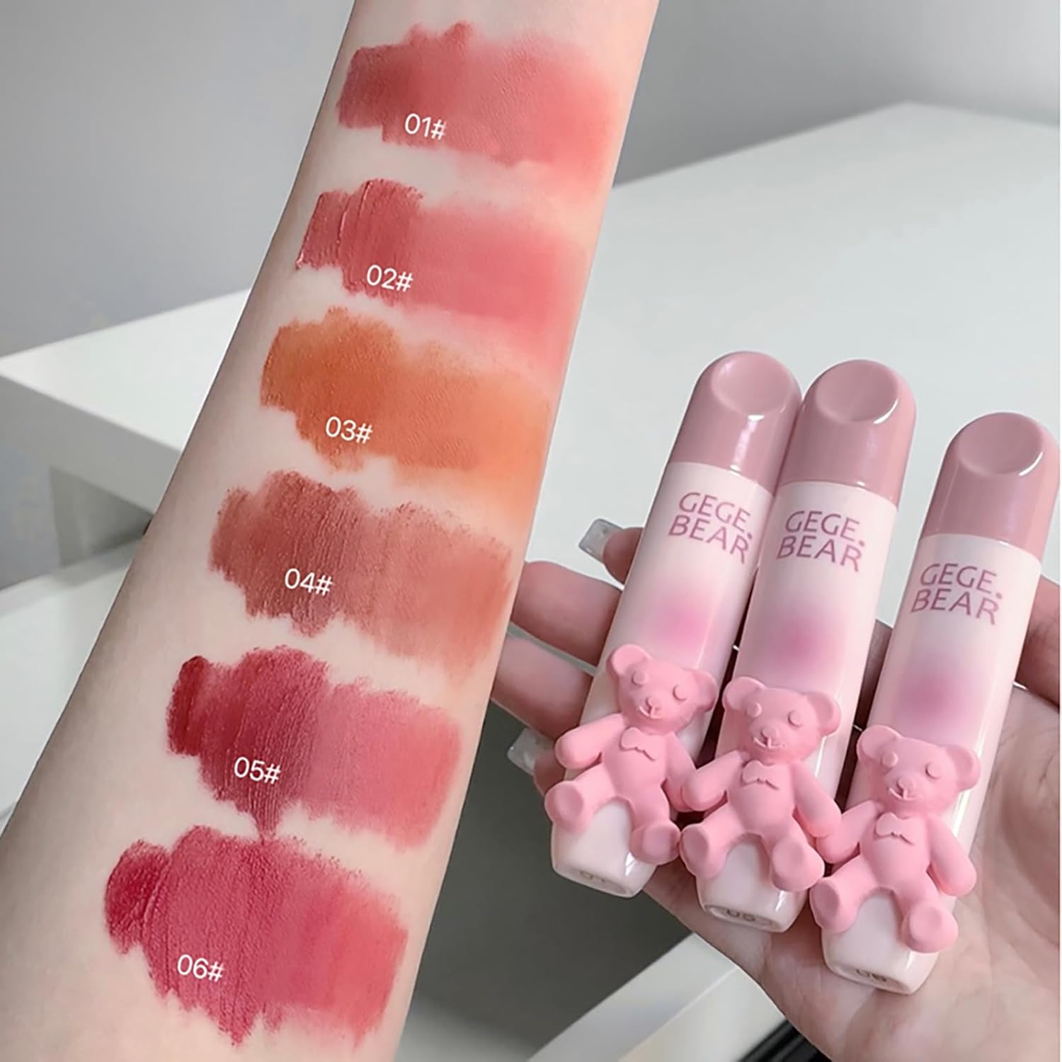 3 Pieces Cute Bear Matte Lipstick Set, Hydrating Velvet Lip Gloss, Long-Lasting, Smudge-Proof Pink Lipstick Lip Glaze Lip Mud for Girls and Women (B) image number 3