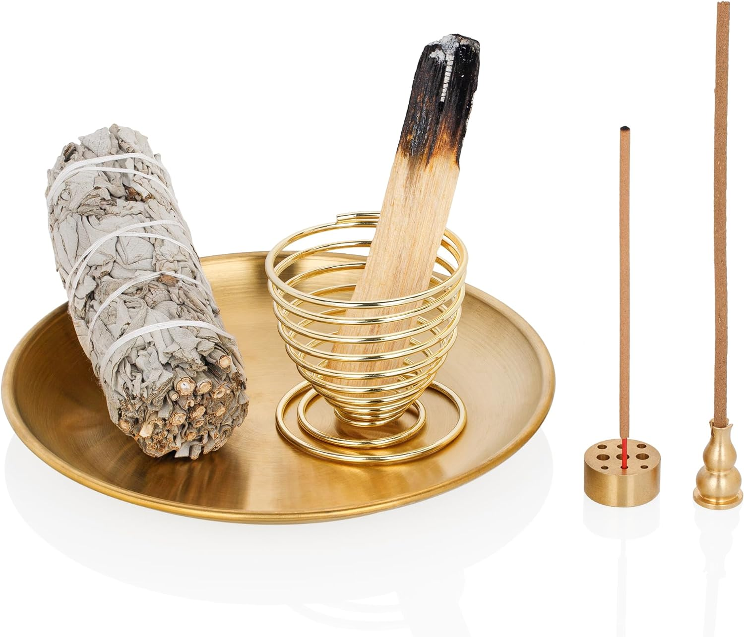 Zenbless 5 in 1 Incense Burner, Holder for Incense Sticks, Palo Santo, Sage, Coil, Cones, 5.5 Inches Brass Ash Catcher for Meditation Yoga Room(Silver)