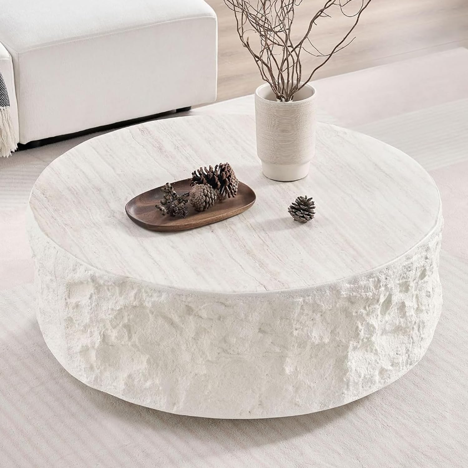 Oval Coffee Table &ndash; Beige Faux Stone Finish, Modern Fiberglass Drum Design, Minimalist Accent Table for Living Room, Bedroom, Apartment or Office, Outdoor, No Assembly Needed