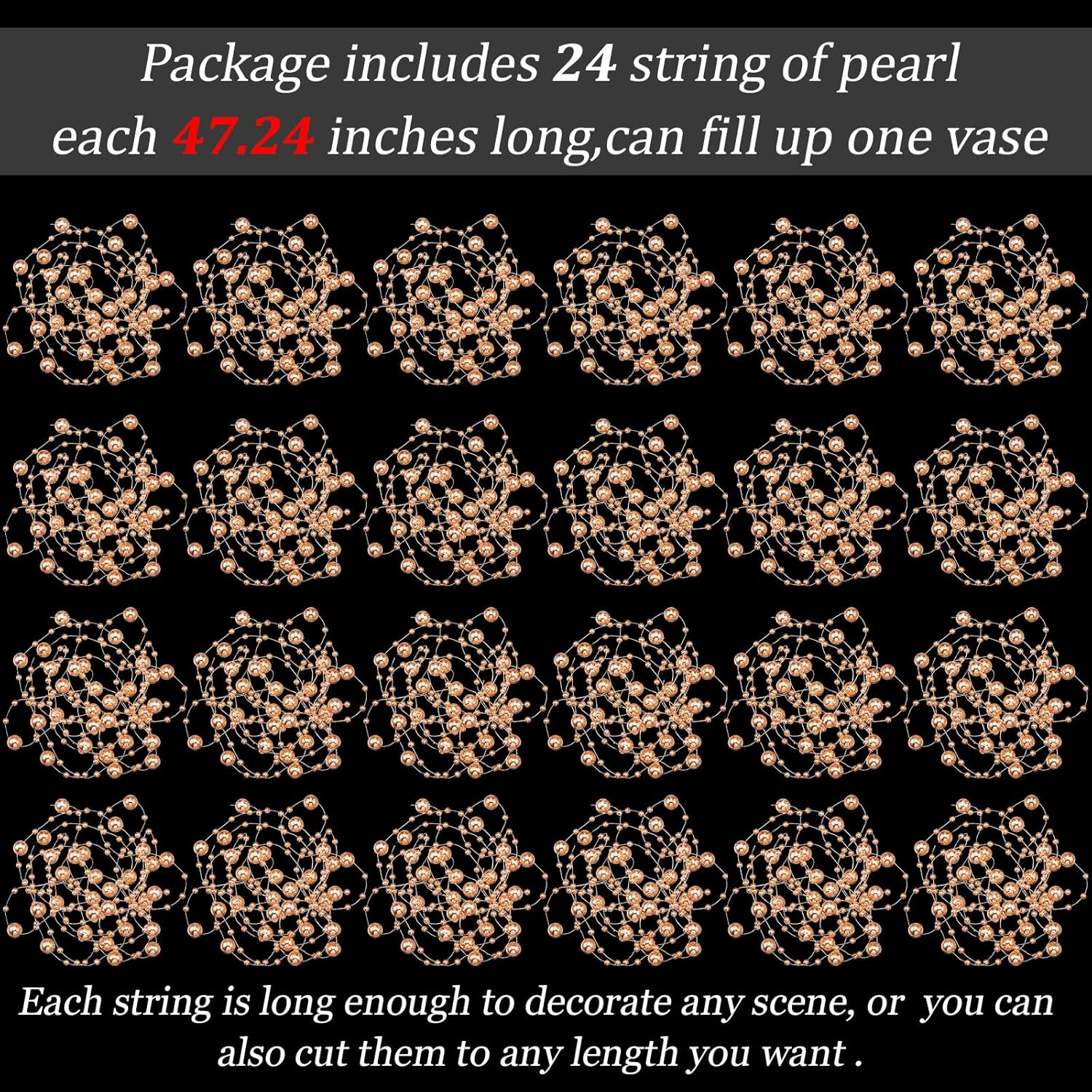 Tondiamo 24 Pcs Artificial Pearl String for Floating Candle Faux Pearls Beads String Party Garland Decoration for Vases Filler Wedding Centerpiece Christmas Party Decor(Rose Gold) image number 1