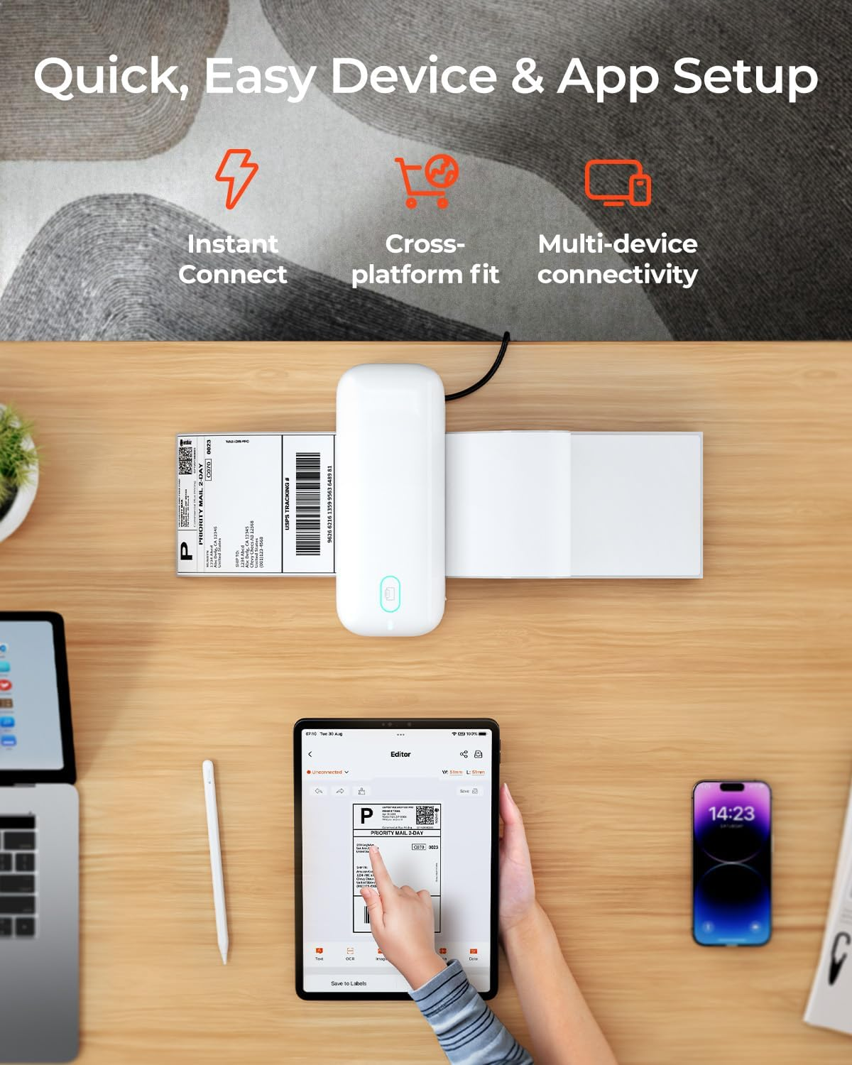 MUNBYN Bluetooth Shipping Label Printer, 4X6 Thermal Label Printer for Small Business, Compatible with Iphone, Android, Windows, Macos, Etsy, Shopify, Royal Mail, DHL, DPD, Evri, 402B, White image number 2