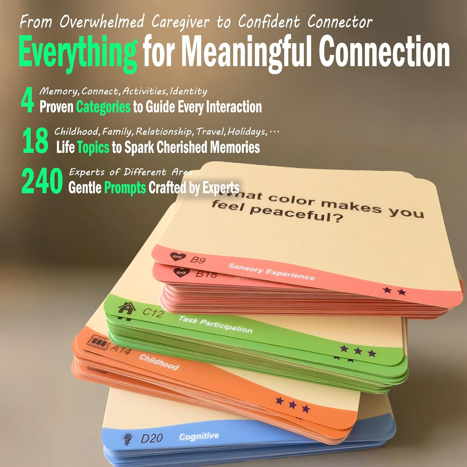 Comficare Dementia Conversation Cards: Alzheimers Activities for Dementia Patients,240 Engaging Prompts for Memory Recall, Emotional Connection & Cognitive Stimulation&ndash;Reminiscence Therapy image number 4