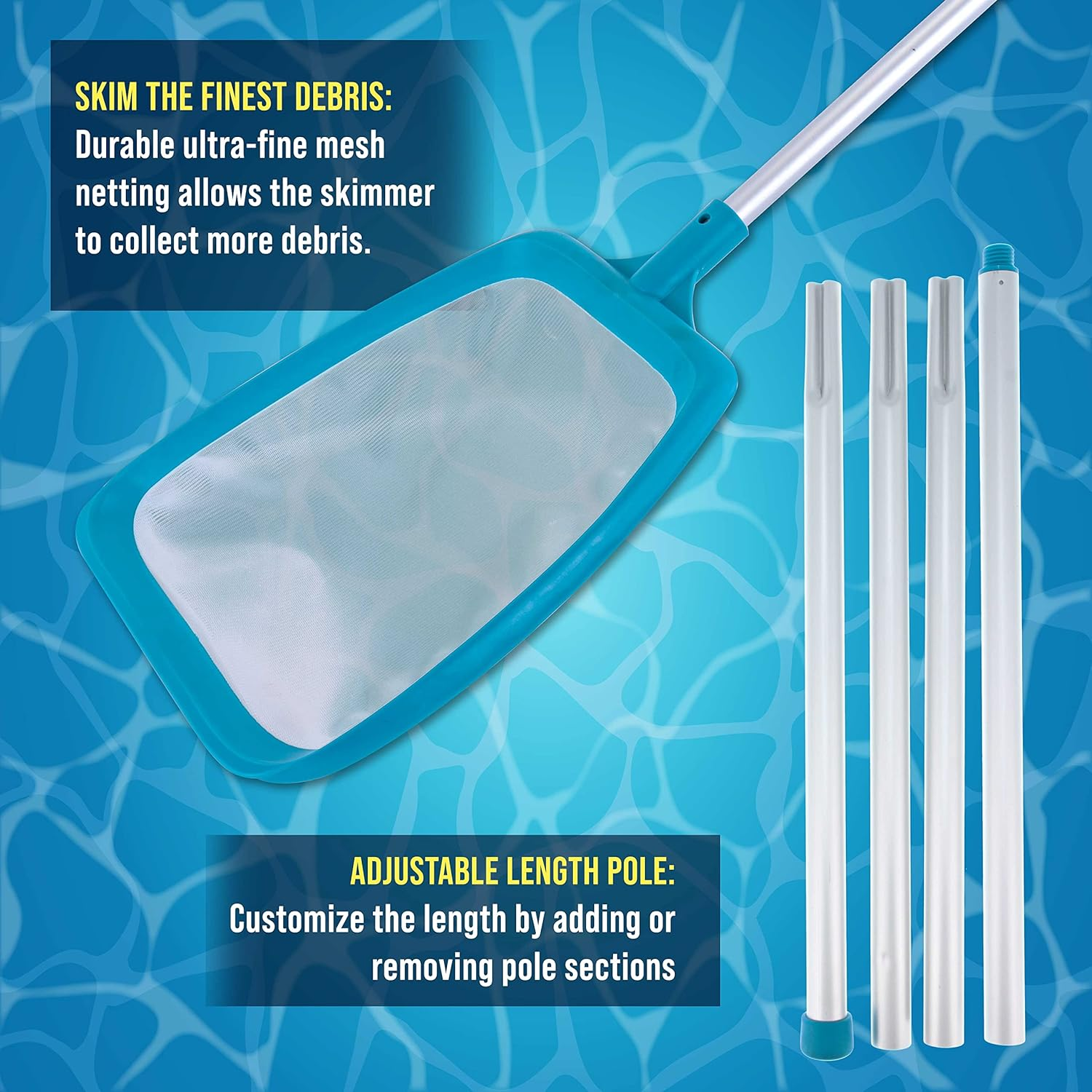 U.S. Pool Supply Swimming Pool 6 Foot Leaf Skimmer Net with 4 Deluxe Aluminum Pole Sections - Ultra Fine Mesh Netting, Clean and Remove the Finest Debris Fast - Pool, Spa, Pond Cleaning Maintenance