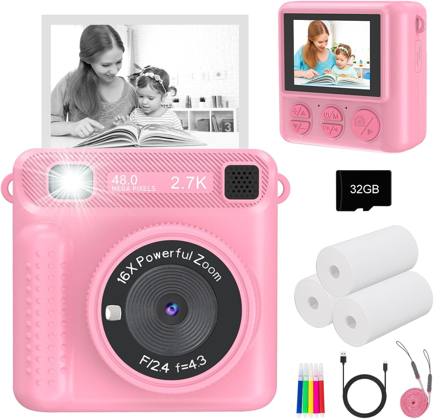 Omebel Kids Digital Camera, Instant Print Camera for Kids, HD Video, 32GB SD Card, Portable Toddler Camera for Girls & Boys Age 3-12, Christmas Birthday Gifts, Kids Camera & Photo Kids Toys (Pink)