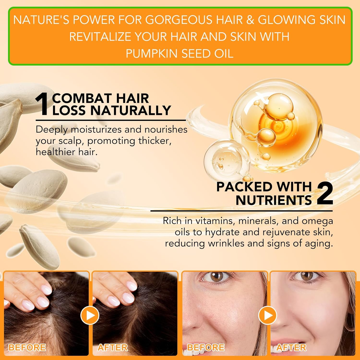 Pumpkin Seed Oil for Hair Growth, Organic Pumpkin Seed Oil, 100% Pure, Moisturizing Scalp, for All Hair Types, 2.0 Fl Oz image number 2