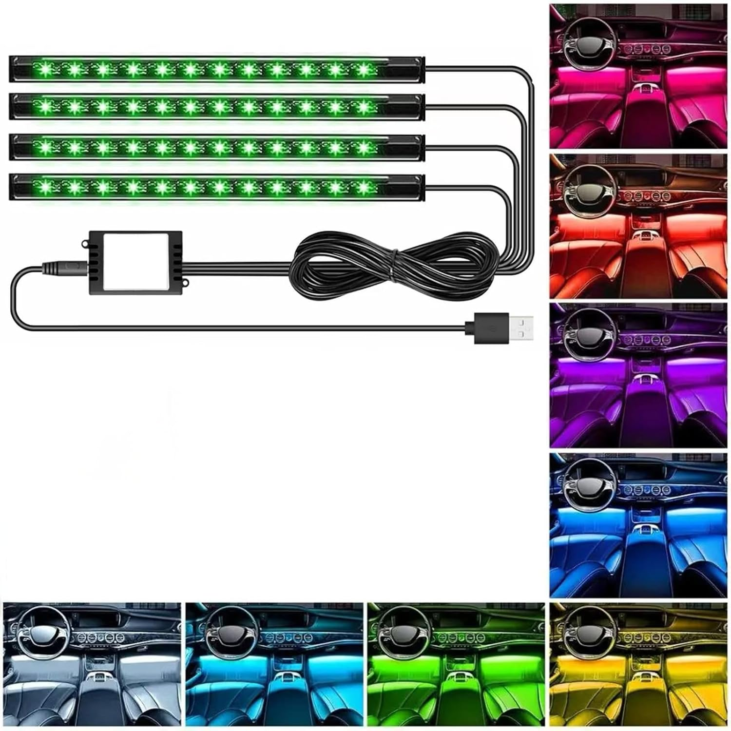 Uorker Car LED Strip Lights, Interior with Smart APP Control, Multicolor Music Car Strip Atmosphere Light with USB Port, Music Sync Color Change for Jeep Truck, SUV, Sedan, 48 LED, 12V