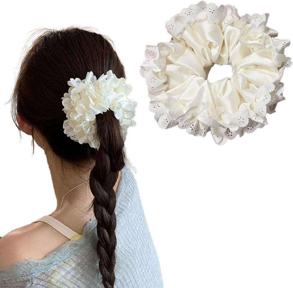 Lace Cut Satin Scrunchie, White, Hair Elastic, Gentle on Hair, High Elastic, Stylish, Adult, Women, Hair Accessories, image number 6