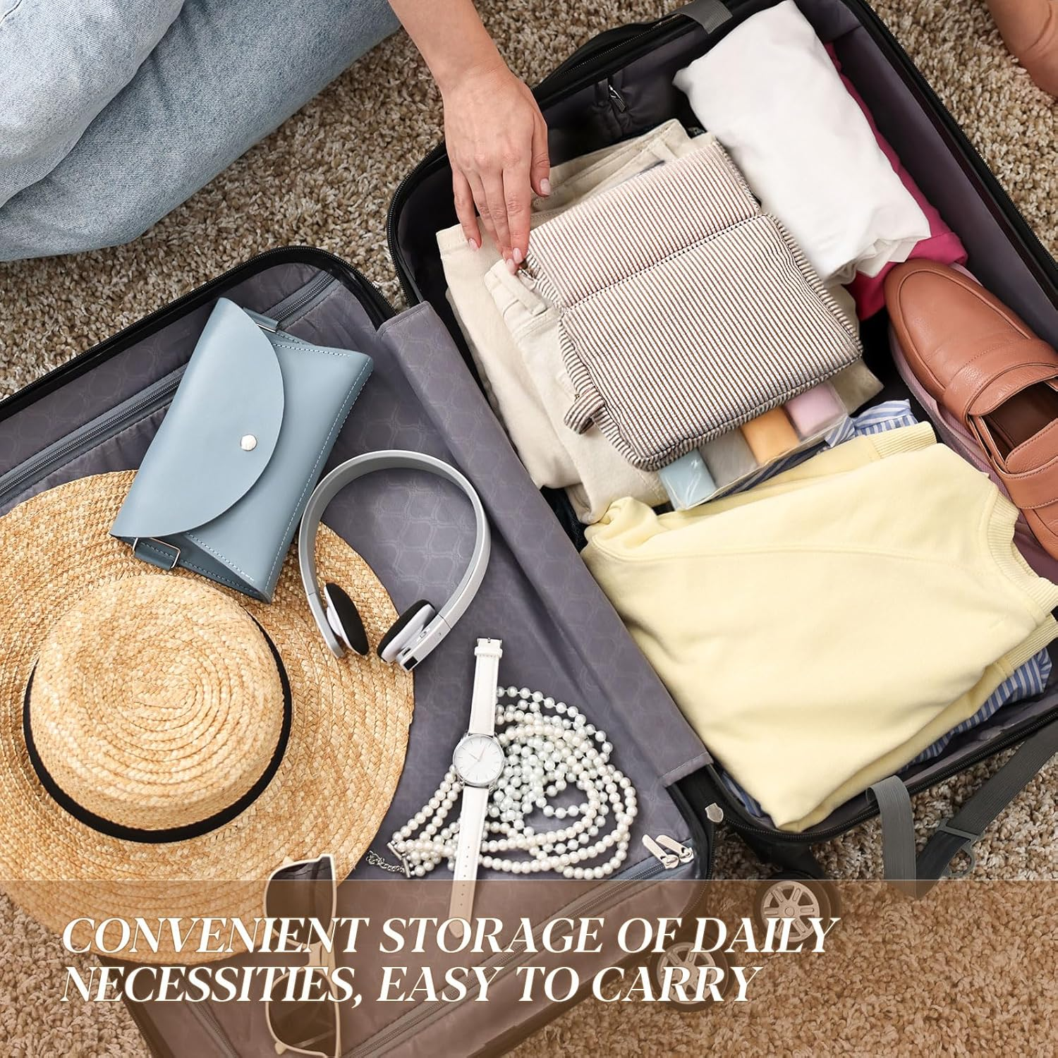 Sanwuta 2 Pcs Makeup Bag Set Seersucker Cosmetic Bag for Women Cute Stripe Travel Toiletry Organizer Aesthetic Preppy Storage Pouch for Girls Wedding Bridesmaid Valentine'S Day Gifts, Brown - Brown image number 2